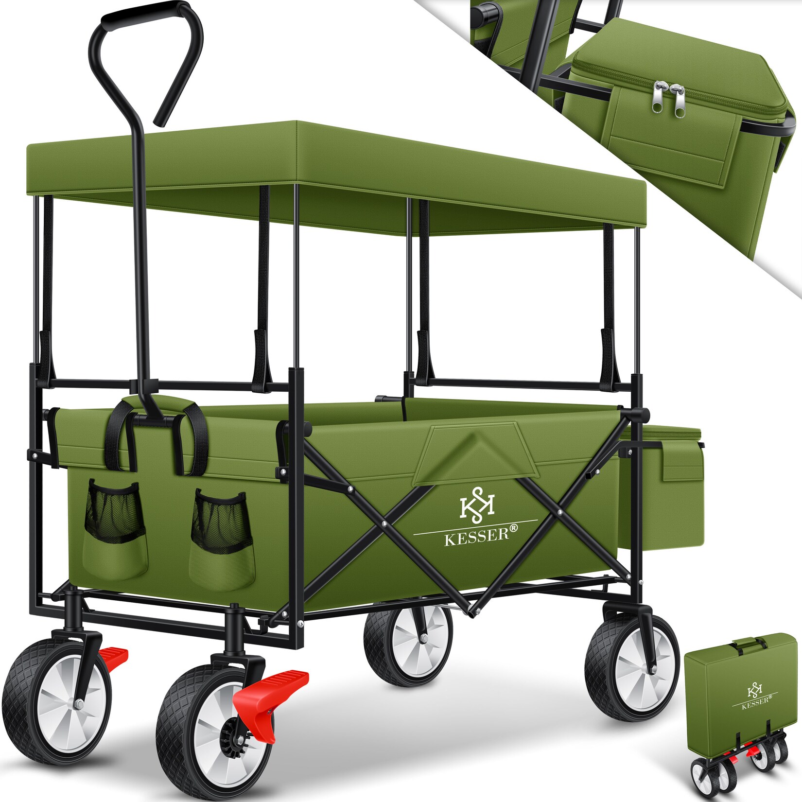 KESSER® Bollerwagen faltbar mit Dach Handwagen Transportkarre Gerätewagen   inkl. 2 Netztaschen und Einer Außentasche   