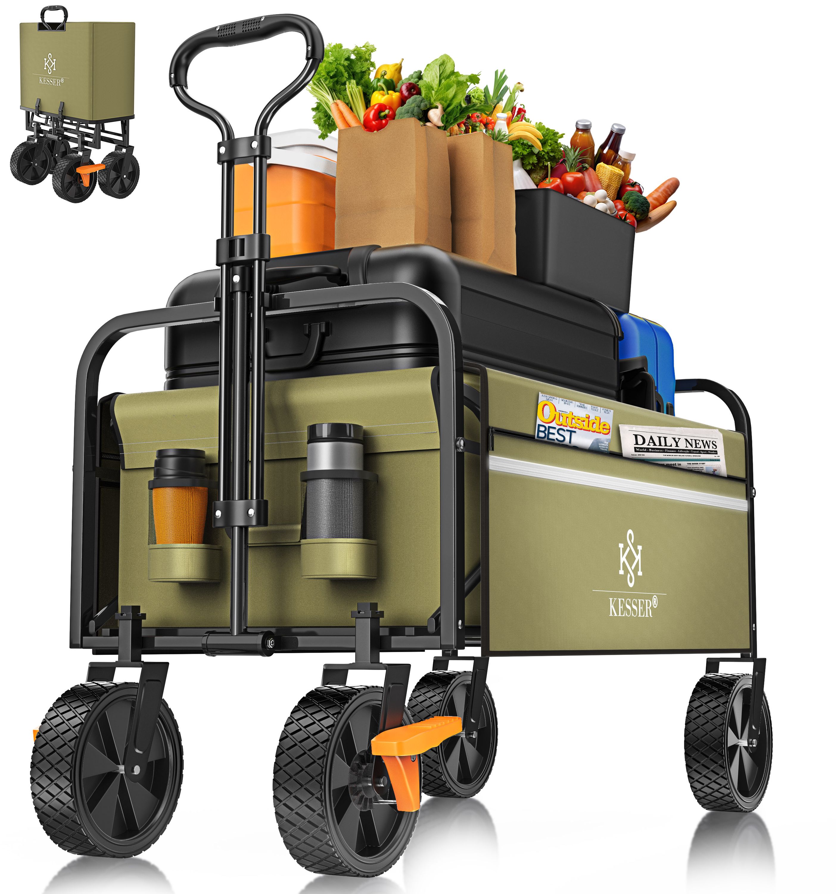 KESSER&reg; Bollerwagen faltbar Handwagen Transportkarre max. 150kg Tragkraft & 360&deg; PVC-Reifen Ger&auml;tewagen inkl. 2 Netztaschen, Seitentasche & Abdeckung Transportwagen Gartenanh&auml;nger ohne Dach - Bild 1