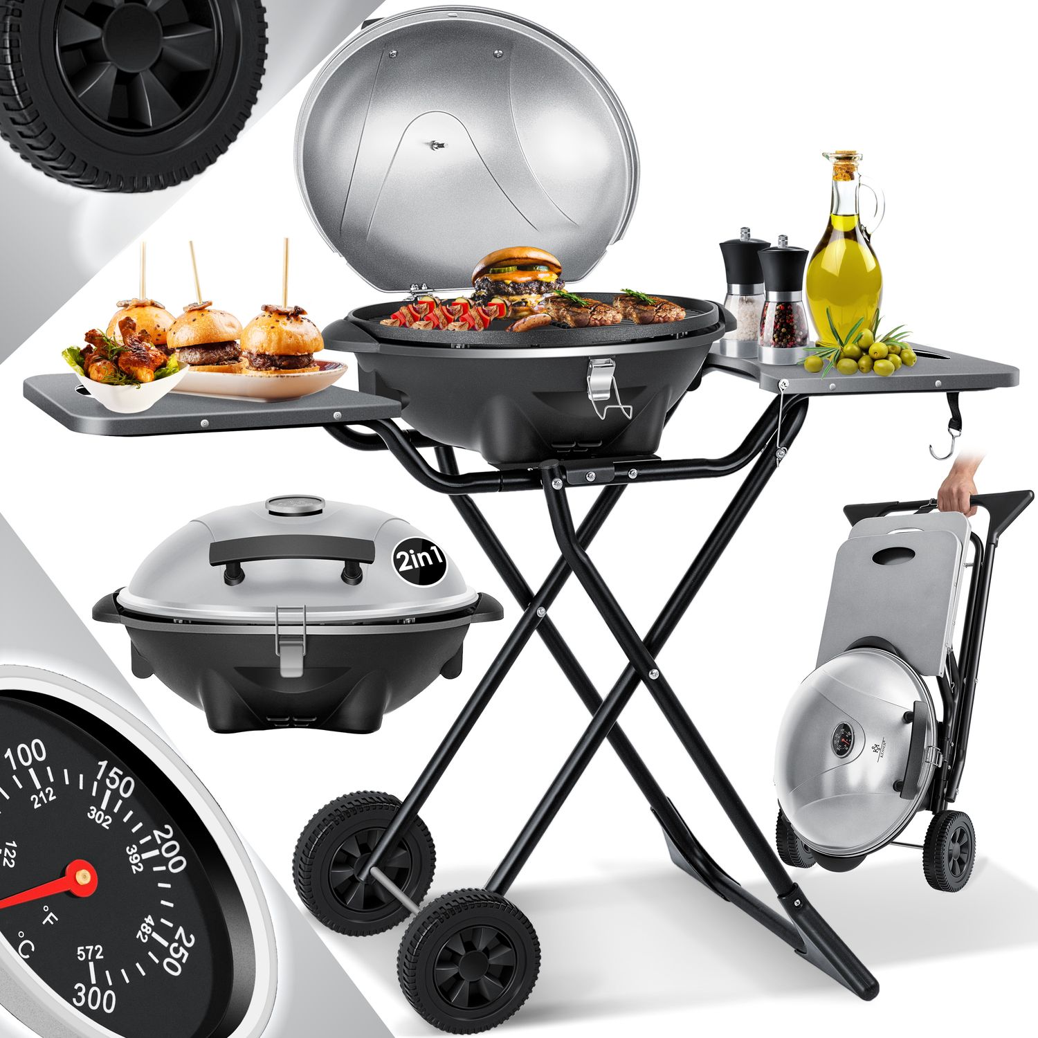 KESSER&reg; elektrischer Elektrogrill 2in1 Tischgrill - Standgrill mit Deckel und Standfu&szlig; | max. 2400 Watt | Faltbar | Thermometer | Antihaftbeschichtung | Grillplatte Abstelltische | 2 R&auml;der | - Bild 1