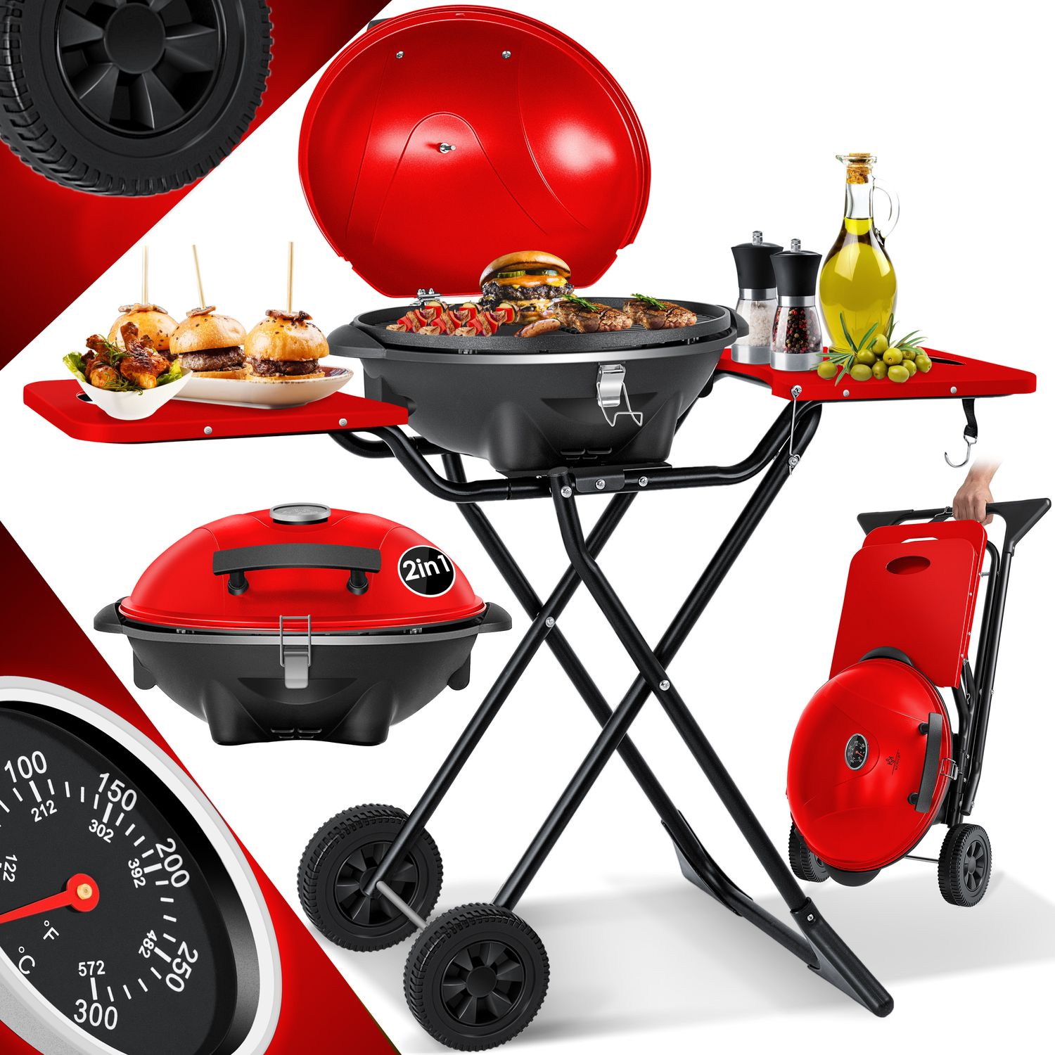 KESSER&reg; elektrischer Elektrogrill 2in1 Tischgrill - Standgrill mit Deckel und Standfu&szlig; | max. 2400 Watt | Faltbar | Thermometer | Antihaftbeschichtung | Grillplatte Abstelltische | 2 R&auml;der | - Bild 1