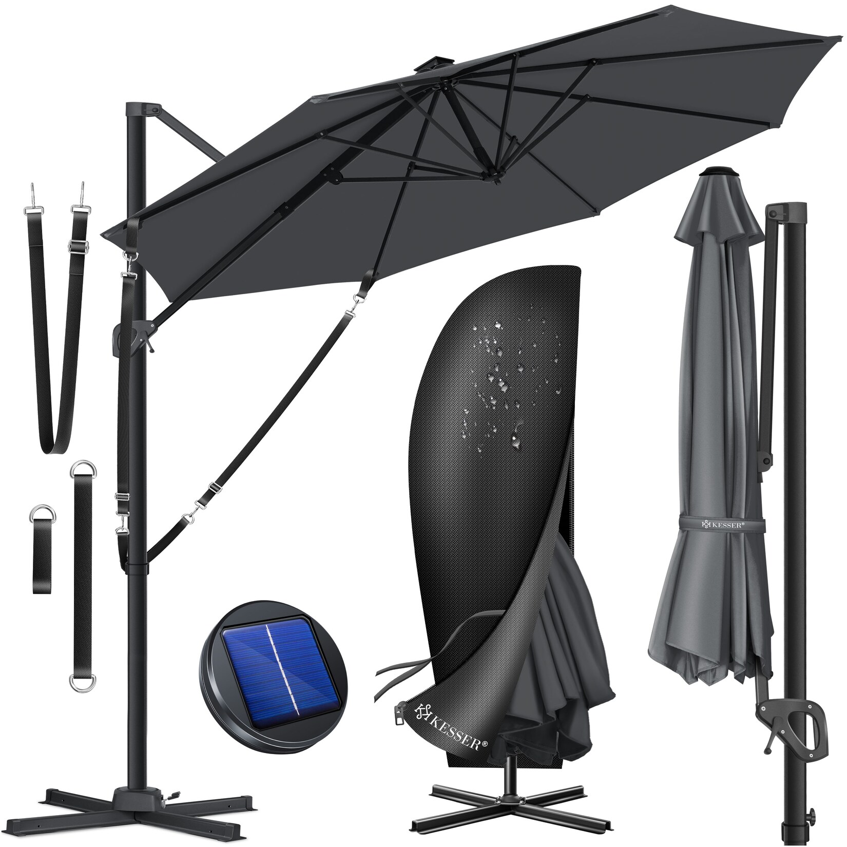® Sonnenschirm Ampelschirm SUN Rund XL Ø330 cm Inkl. Abdeckung + Windsicherung 7-Fach Verstellbar Drehbar Neigbar Kippbar Groß 360° Drehbar Gartenschirm mit Kurbel Sonnenschutz UV50+