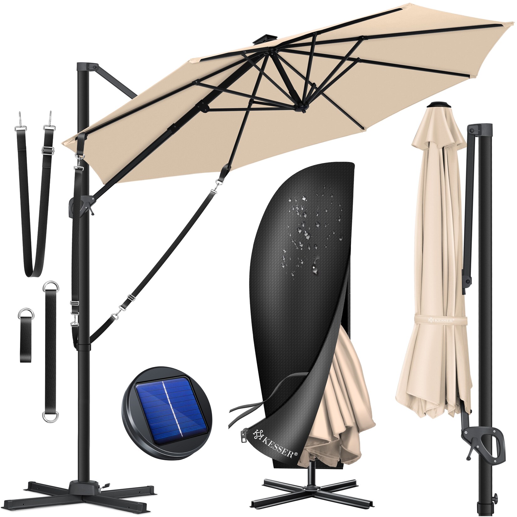 ® Sonnenschirm Ampelschirm SUN Rund XL Ø330 cm Inkl. Abdeckung + Windsicherung 7-Fach Verstellbar Drehbar Neigbar Kippbar Groß 360° Drehbar Gartenschirm mit Kurbel Sonnenschutz UV50+