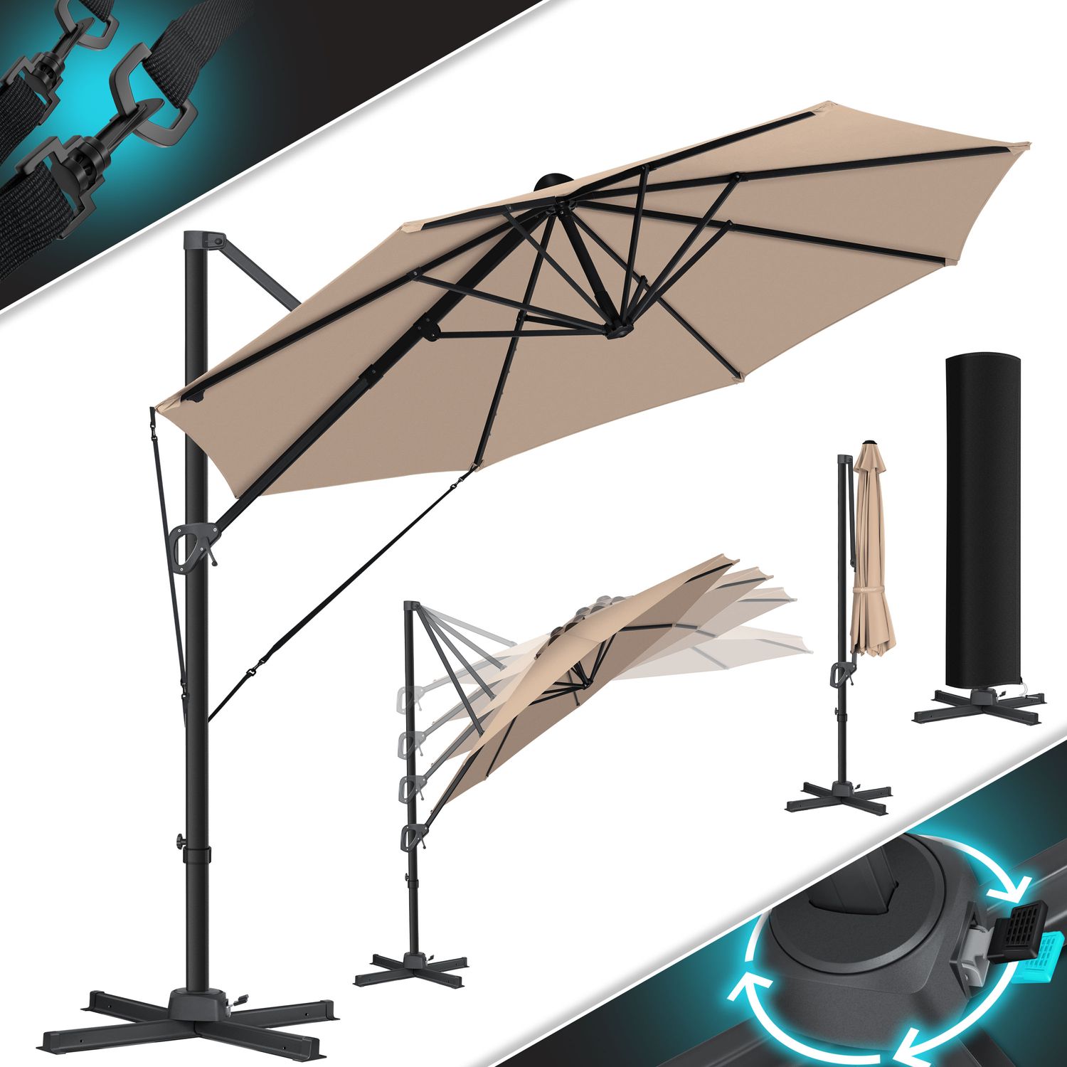 KESSER&reg; Sonnenschirm Ampelschirm SUN Rund XL &Oslash;330 cm Inkl. Windschtzseile & Abdeckung 7-Fach Verstellbar Drehbar Neigbar Kippbar Gro&szlig; 360&deg; Drehbar Gartenschirm mit Kurbel Sonnenschutz UV50+ - Bild 1