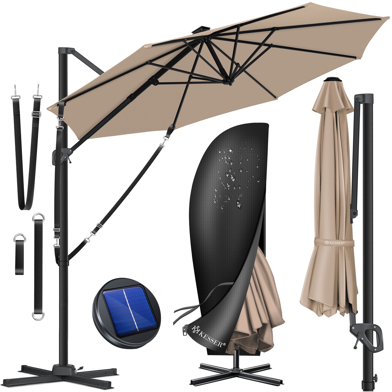 ® Sonnenschirm Ampelschirm SUN Rund XL Ø330 cm Inkl. Abdeckung + Windsicherung 7-Fach Verstellbar Drehbar Neigbar Kippbar Groß 360° Drehbar Gartenschirm mit Kurbel Sonnenschutz UV50+