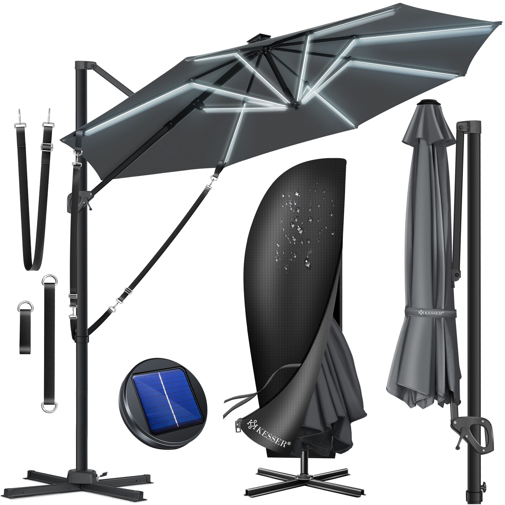 ® Sonnenschirm Ampelschirm SUN Rund XL Ø330 cm Inkl. Abdeckung + Windsicherung 7-Fach Verstellbar Drehbar Neigbar Kippbar Groß 360° Drehbar Gartenschirm mit Kurbel Sonnenschutz UV50+