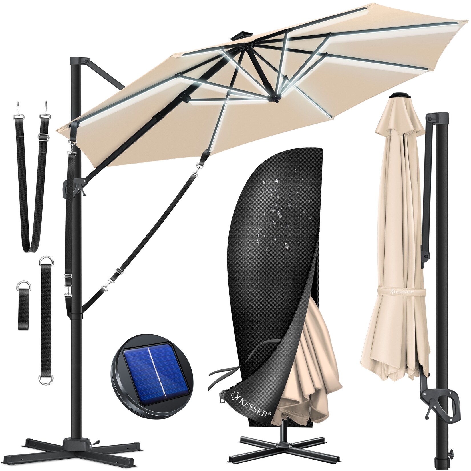 ® Sonnenschirm Ampelschirm SUN Rund XL Ø330 cm Inkl. Abdeckung + Windsicherung 7-Fach Verstellbar Drehbar Neigbar Kippbar Groß 360° Drehbar Gartenschirm mit Kurbel Sonnenschutz UV50+