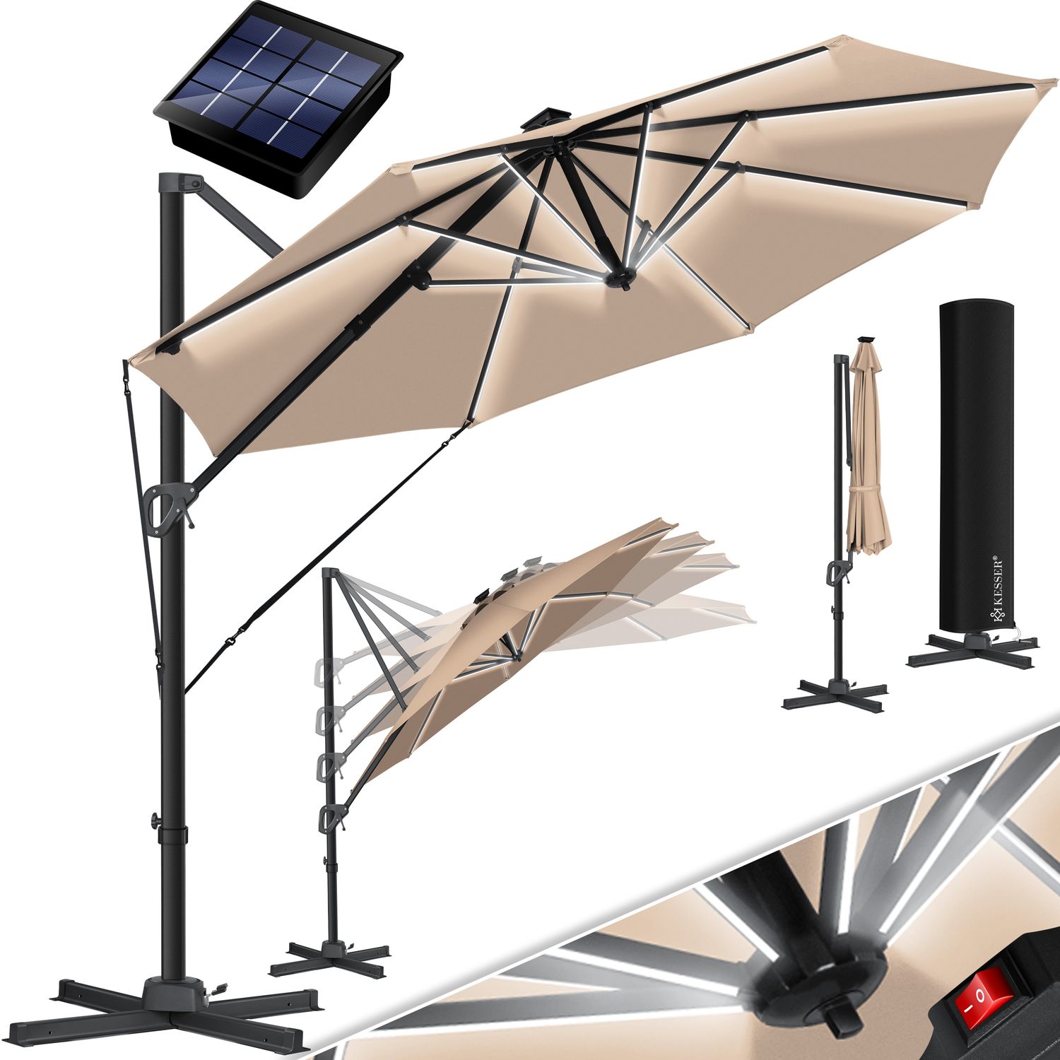 KESSER&reg; Sonnenschirm Ampelschirm SUN Rund XL &Oslash;330 cm Inkl. Abdeckung + Windsicherung 7-Fach Verstellbar Drehbar Neigbar Kippbar Gro&szlig; 360&deg; Drehbar Gartenschirm mit Kurbel Sonnenschutz UV50+ - Bild 1