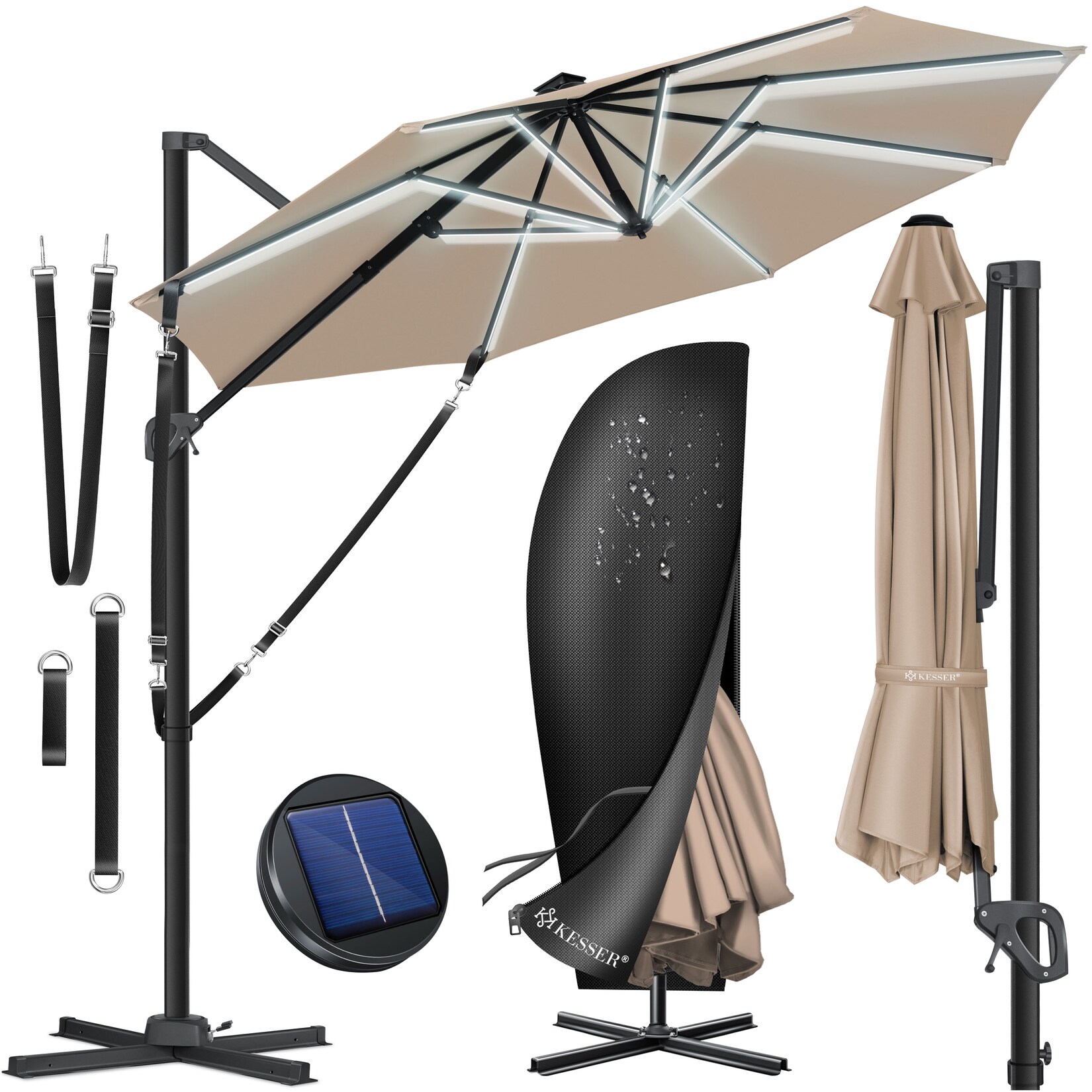 ® Sonnenschirm Ampelschirm SUN Rund XL Ø330 cm Inkl. Abdeckung + Windsicherung 7-Fach Verstellbar Drehbar Neigbar Kippbar Groß 360° Drehbar Gartenschirm mit Kurbel Sonnenschutz UV50+