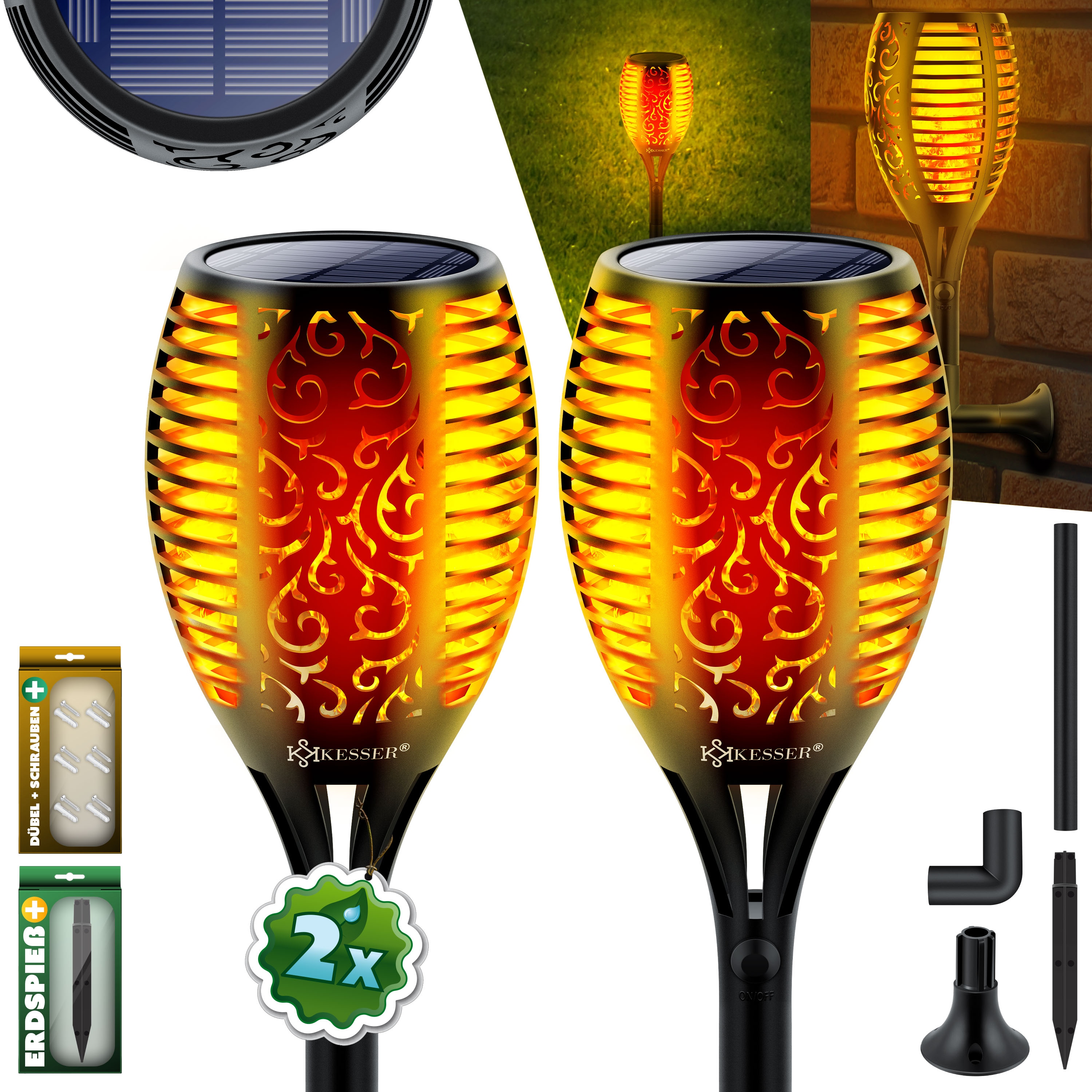 KESSER&reg; Gartenfackel Solar Set Solarleuchten Flamme mit Wandhalterung + Erdspie&szlig; Licht-Sensor Wetterfest Garten Solarleuchte Fackel Lichter LED Gartenlampe Solarlampe Flammenlicht - Bild 1