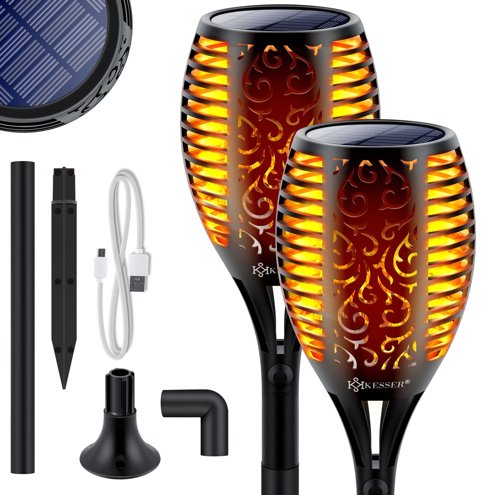 KESSER® Gartenfackel Solar Set Solarleuchten Flamme mit Wandhalterung + Erdspieß Licht-Sensor Wetterfest Garten Solarleu