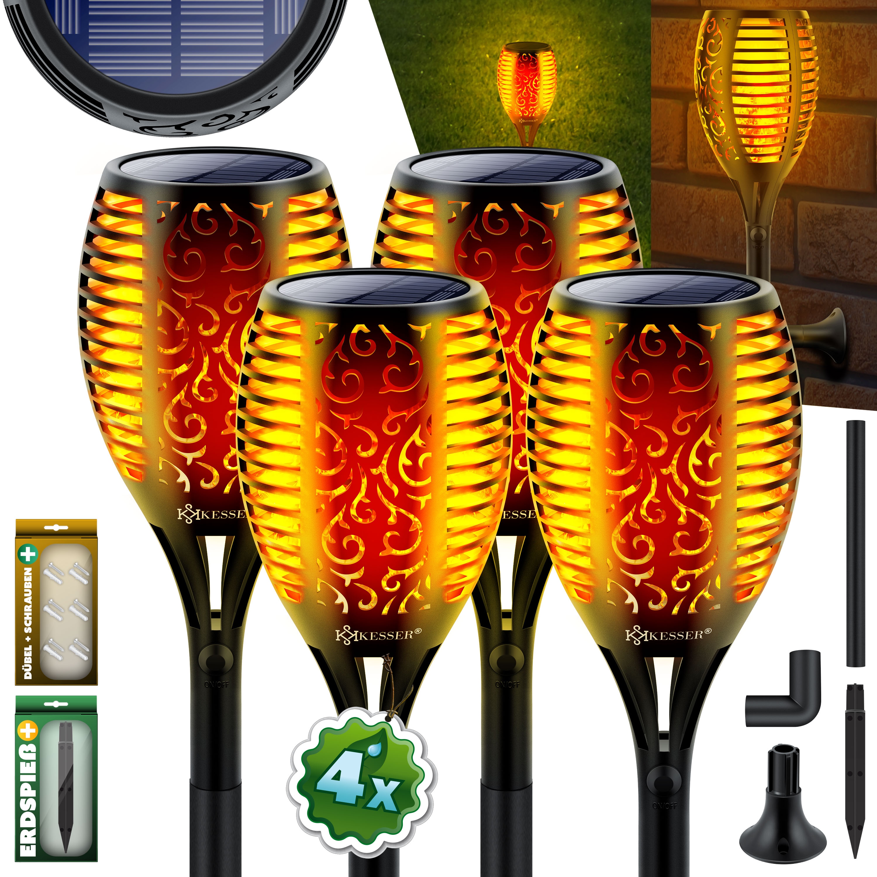 KESSER&reg; Gartenfackel Solar Set Solarleuchten Flamme mit Wandhalterung + Erdspie&szlig; Licht-Sensor Wetterfest Garten Solarleuchte Fackel Lichter LED Gartenlampe Solarlampe Flammenlicht - Bild 1