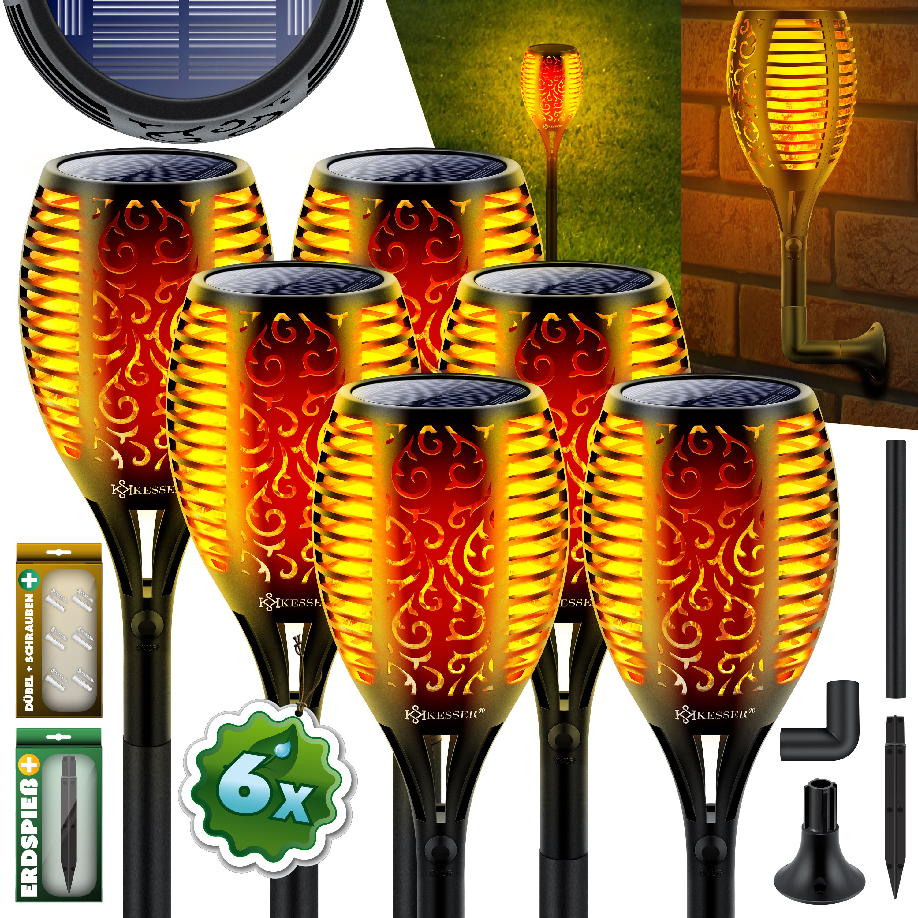 KESSER&reg; Gartenfackel Solar Set Solarleuchten Flamme mit Wandhalterung + Erdspie&szlig; Licht-Sensor Wetterfest Garten Solarleuchte Fackel Lichter LED Gartenlampe Solarlampe Flammenlicht - Bild 1