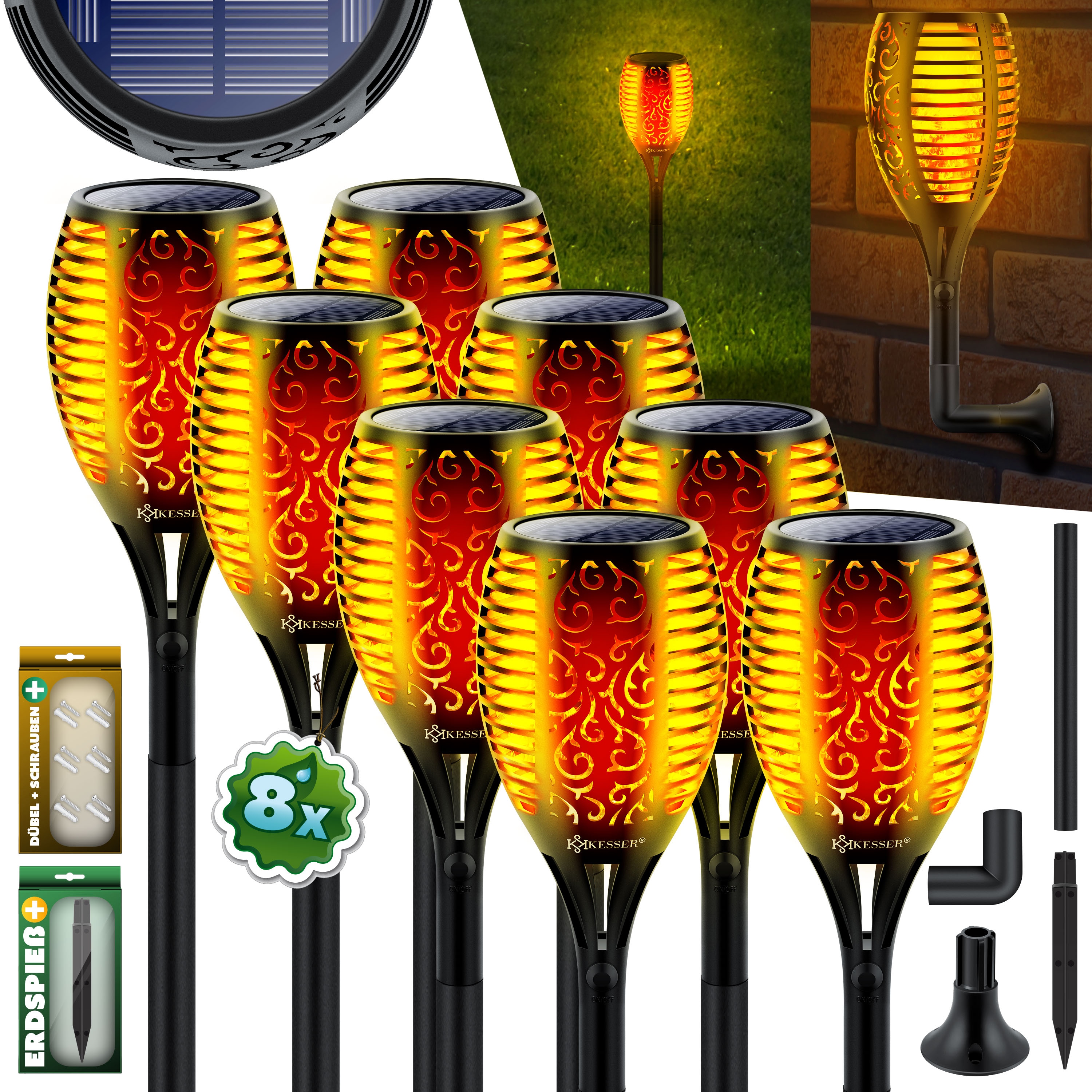 KESSER&reg; Gartenfackel Solar Set Solarleuchten Flamme mit Wandhalterung + Erdspie&szlig; Licht-Sensor Wetterfest Garten Solarleuchte Fackel Lichter LED Gartenlampe Solarlampe Flammenlicht - Bild 1
