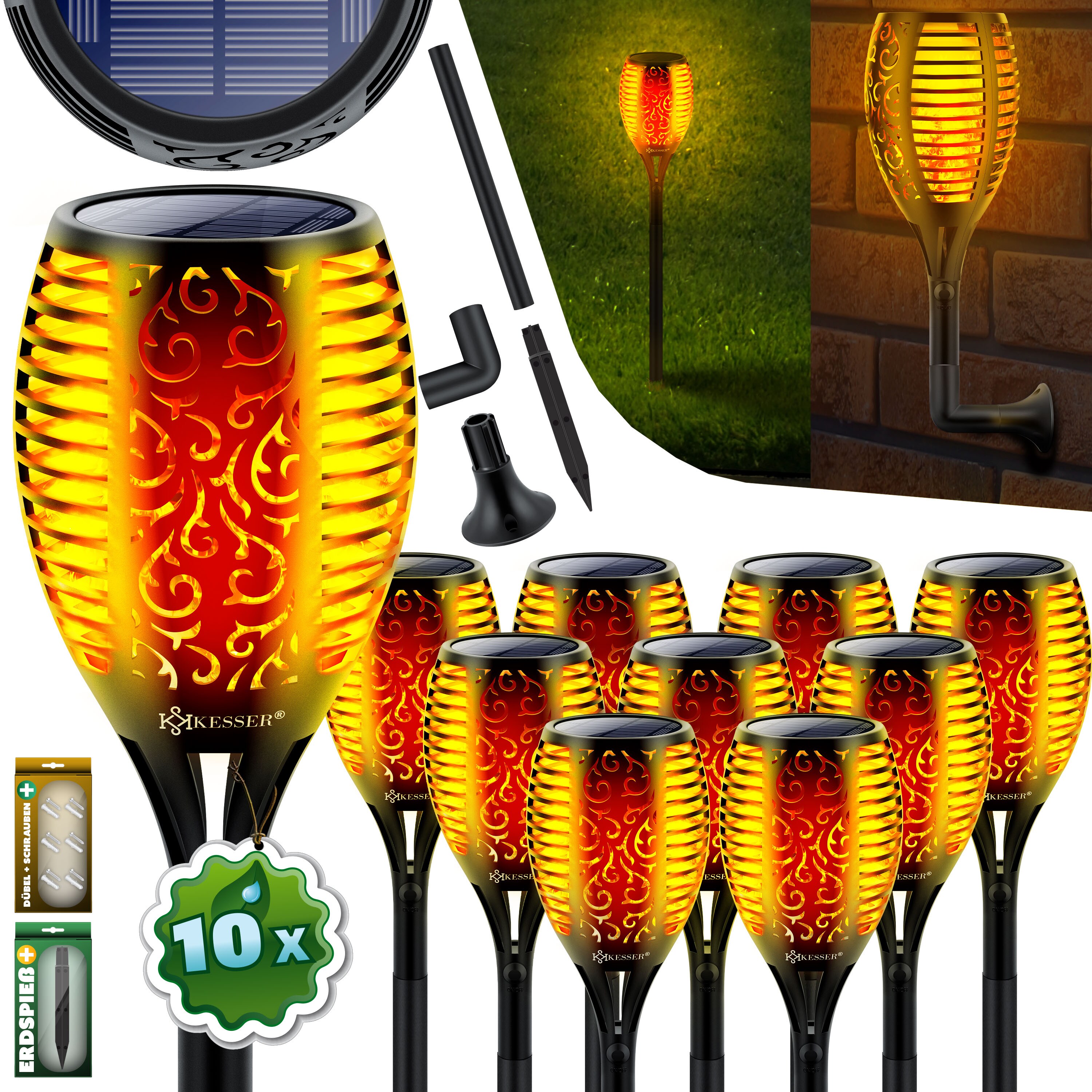 KESSER&reg; Gartenfackel Solar Set Solarleuchten Flamme mit Wandhalterung + Erdspie&szlig; Licht-Sensor Wetterfest Garten Solarleuchte Fackel Lichter LED Gartenlampe Solarlampe Flammenlicht - Bild 1