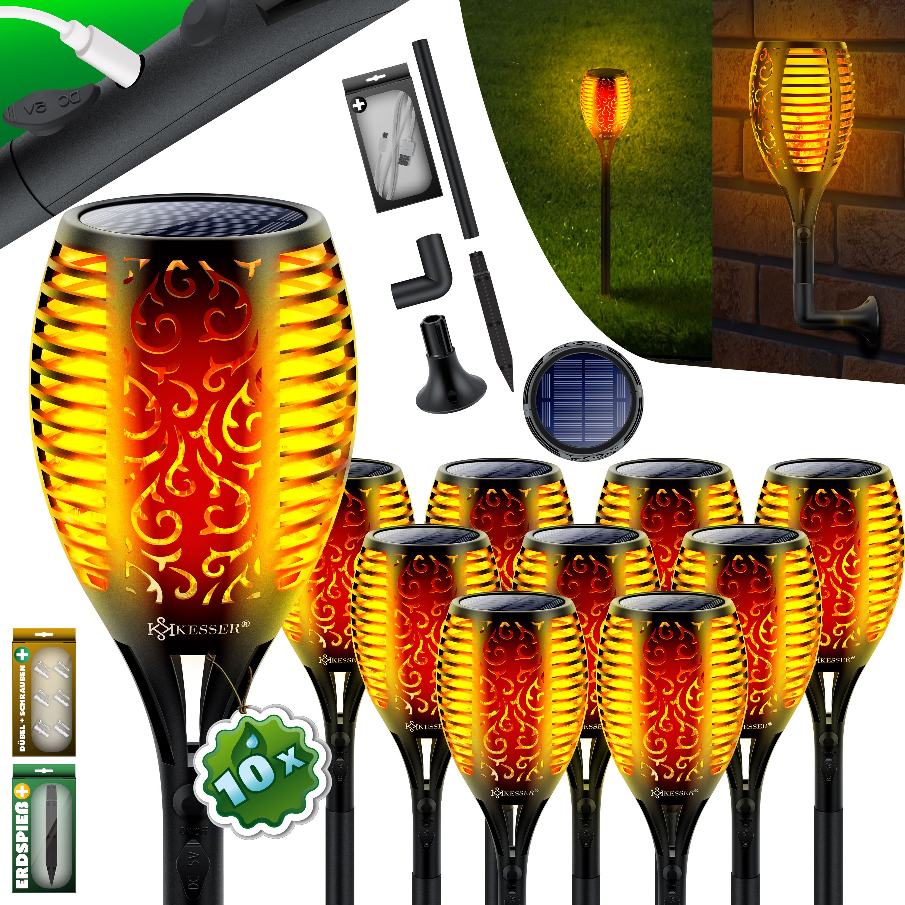 KESSER&reg; Gartenfackel Solar Set Solarleuchten Flamme mit Wandhalterung + Erdspie&szlig; Licht-Sensor Wetterfest Garten Solarleuchte Fackel Lichter LED Gartenlampe Solarlampe Flammenlicht - Bild 1