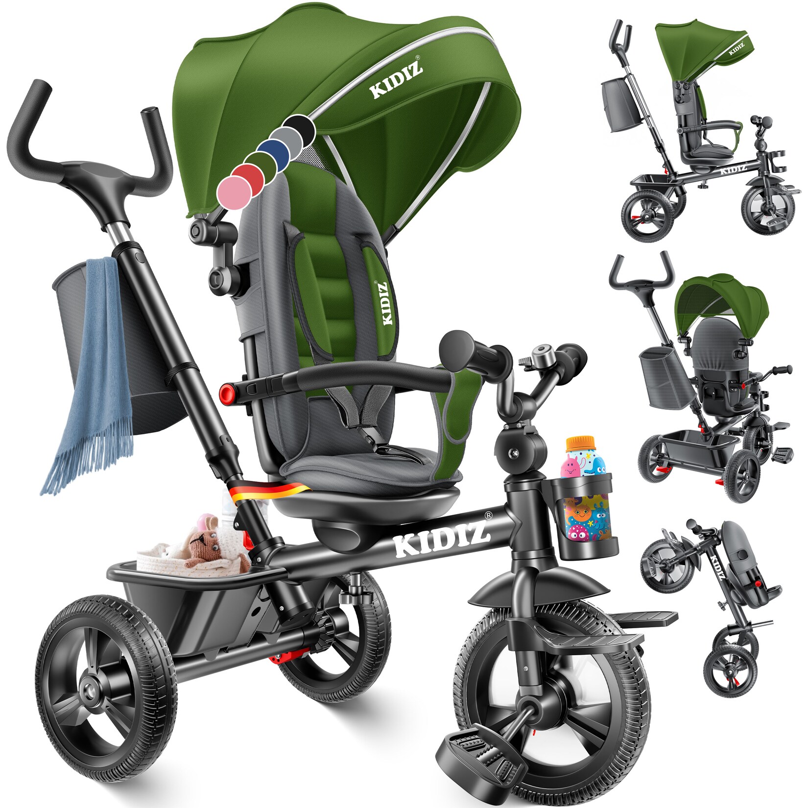 KIDIZ® Dreirad 5in1 Kinderdreirad mit Schubstange Lenksystem Stange ab 1 Jahr vorwärts und Rückwärtsfahrt Jogger ,  Korb Tasche Getränkehalter Sonnendach Gummiräder, Buggy Fahrrad Baby Klappbar | 04260751947719