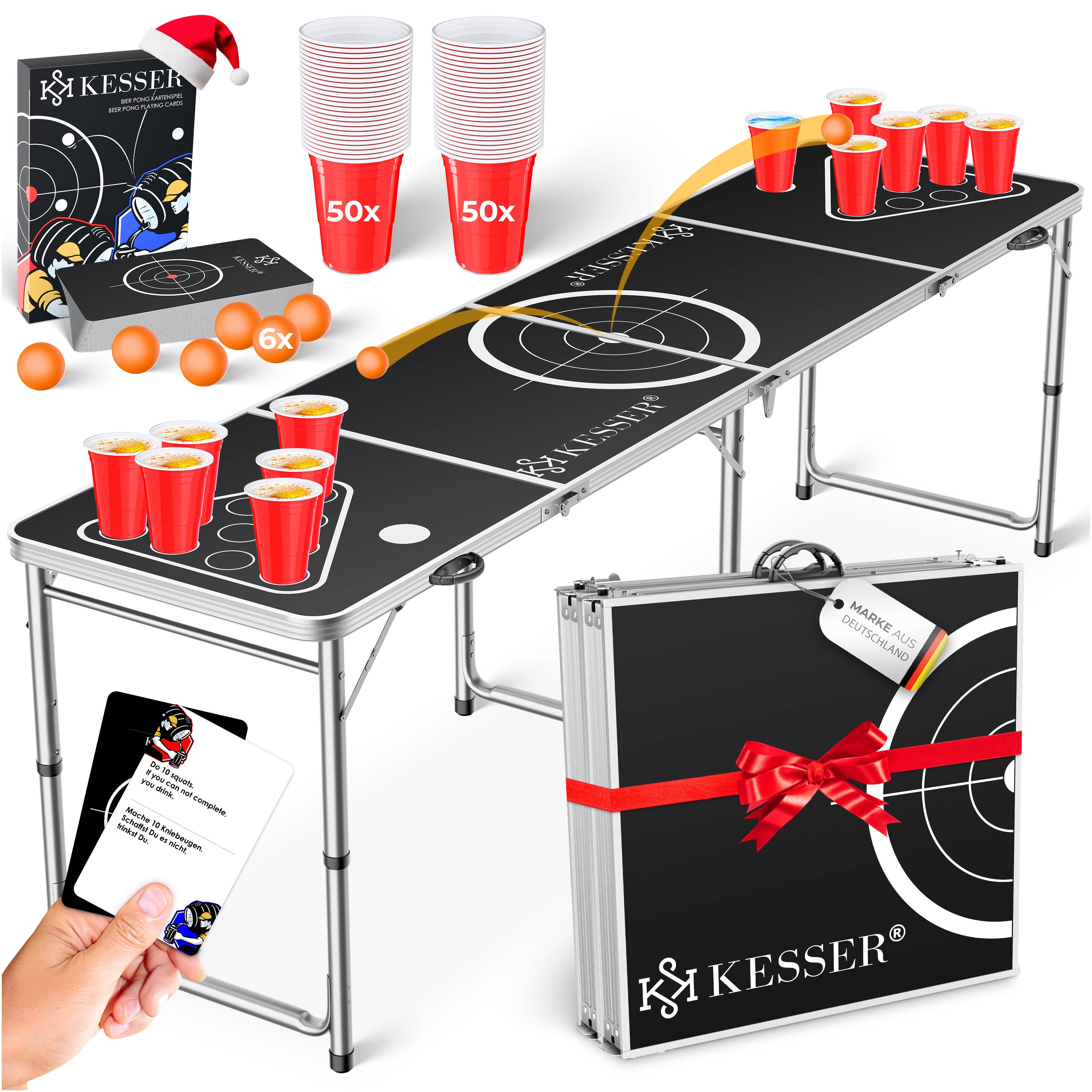 KESSER&reg; Bier Pong Tisch Set mit Kartenspiel Trinkspiel inkl. 100 Becher (50 Rot & 50 Blau), 6 B&auml;lle + Regelwerk Partyspiele Table H&ouml;henverstellbar Klappbarer ohne oder mit LED - Bild 1