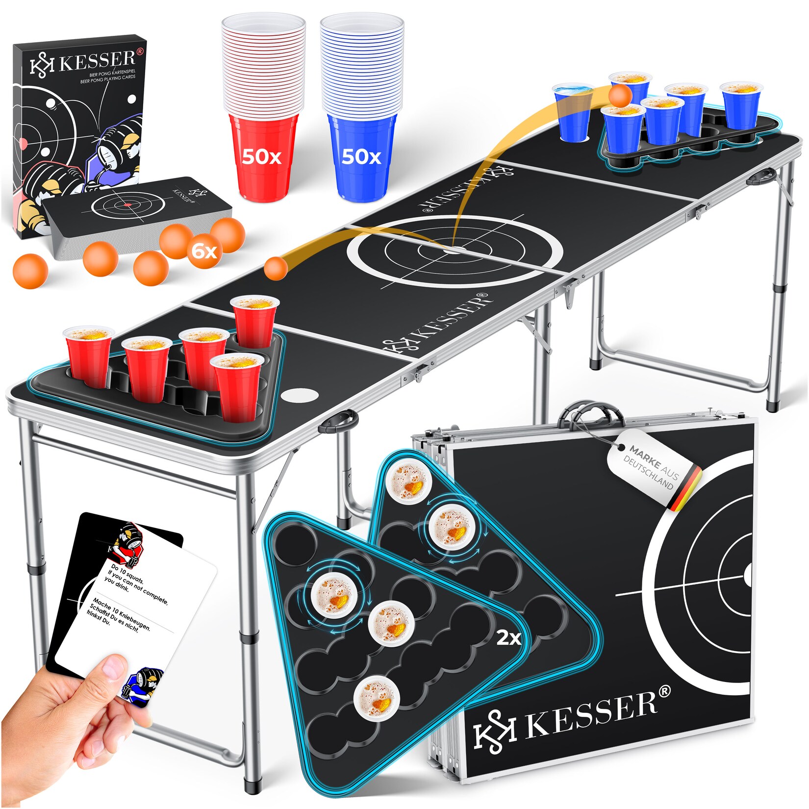 KESSER® Bier Pong Tisch Set mit Kartenspiel Trinkspiel inkl. 100 Becher (50 Rot & 50 Blau), 6 Bälle + Regelwerk Partyspiele Table Höhenverstellbar Klappbarer ohne oder mit LED