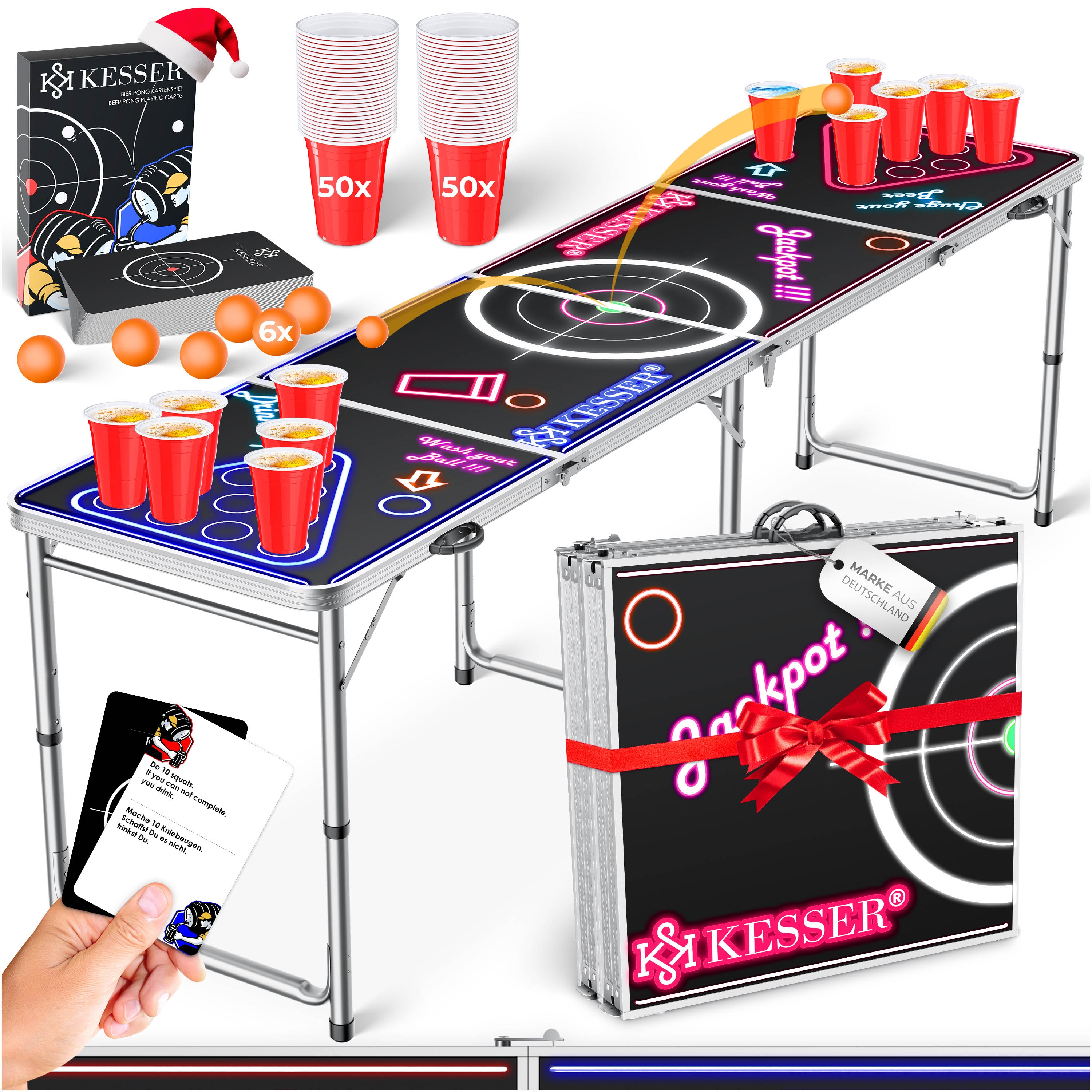 KESSER&reg; Bier Pong Tisch Set mit Kartenspiel Trinkspiel inkl. 100 Becher (50 Rot & 50 Blau), 6 B&auml;lle + Regelwerk Partyspiele Table H&ouml;henverstellbar Klappbarer ohne oder mit LED - Bild 1