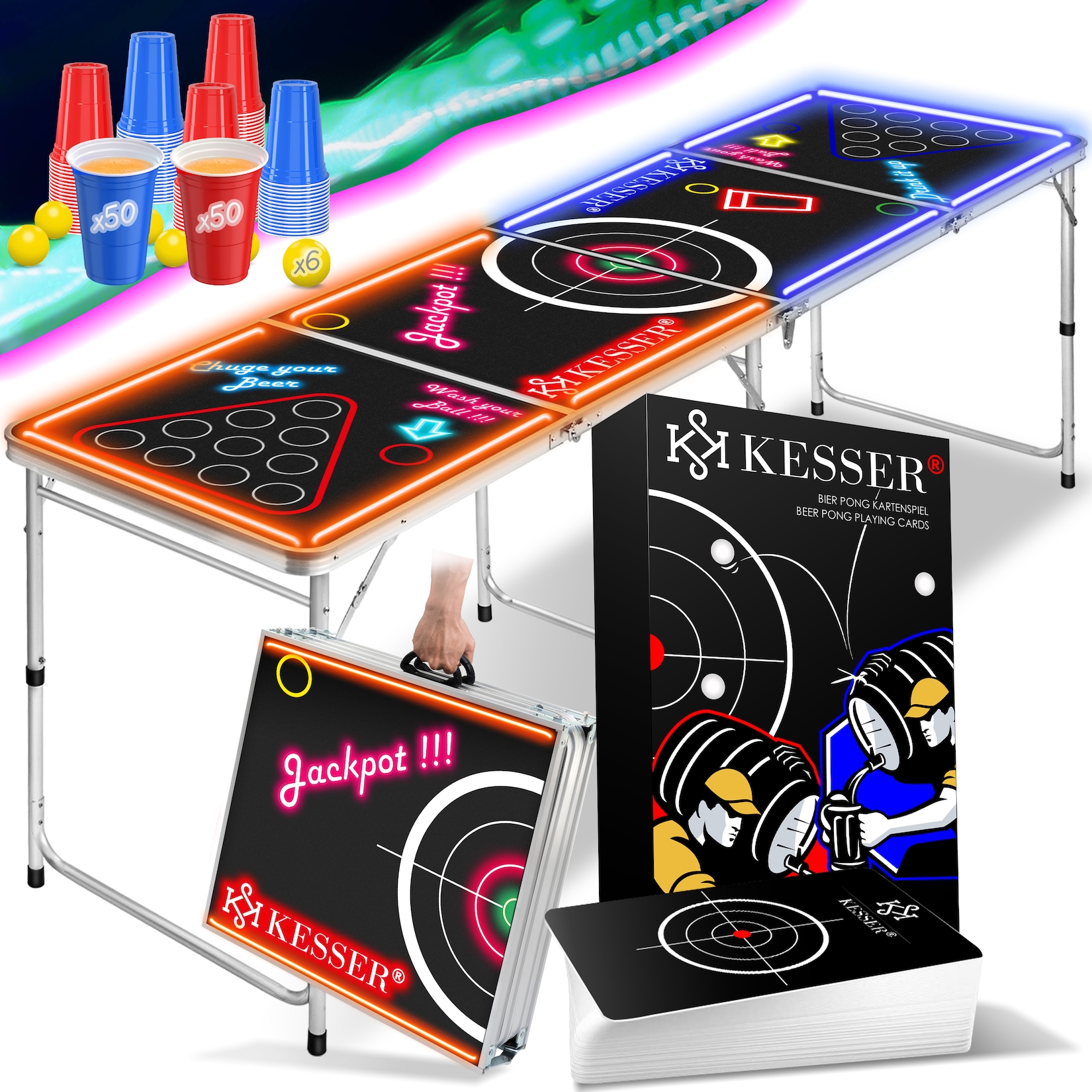 KESSER® Beer Pong Tisch Set mit Kartenspiel Trinkspiel - inkl. 100 Becher (50 Rot & 50 Blau), 6 Bälle + Regelwerk Partys