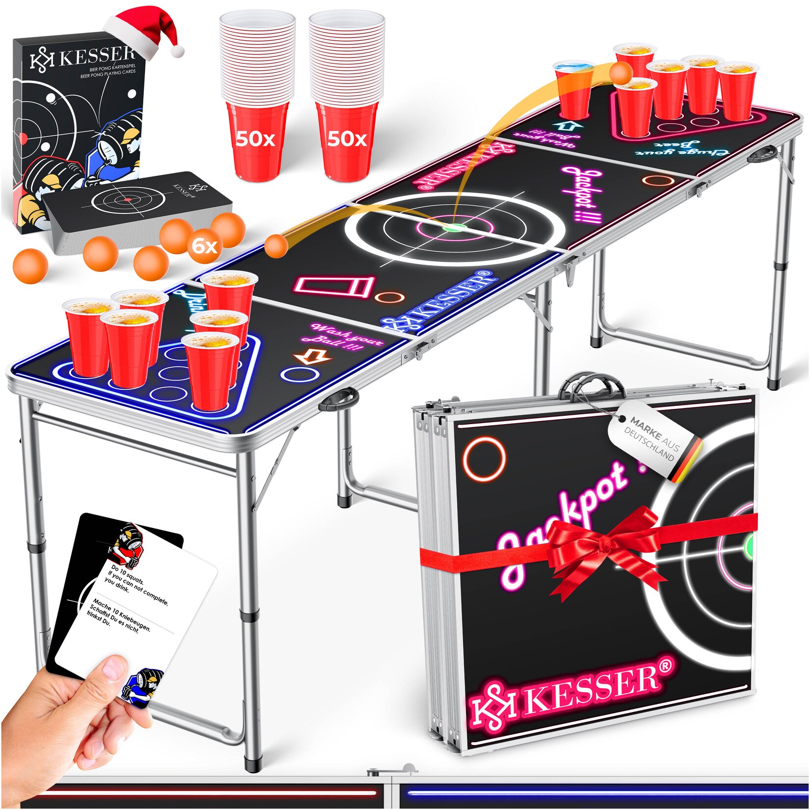 KESSER® Bier Pong Tisch Set mit Kartenspiel Trinkspiel inkl. 100 Becher (50 Rot & 50 Blau), 6 Bälle + Regelwerk Partyspiele Table Höhenverstellbar Klappbarer ohne oder mit LED | 04260751943568