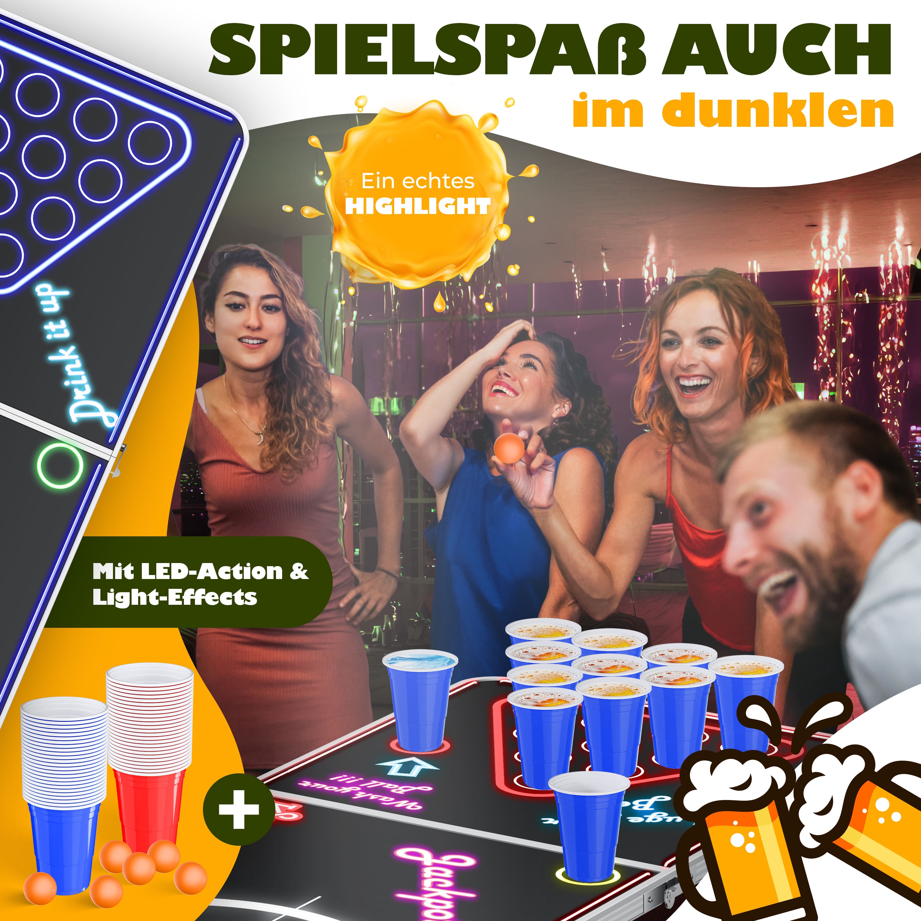 KESSER® Beer Pong tafelset met kaartspel, drinkspel, led-actie incl. 100 bekers (50 rood en 50 blauw), 6 ballen regels, partyspelletjes, tafel in hoogte verstelbaar, inklapbaar, klassiek met led