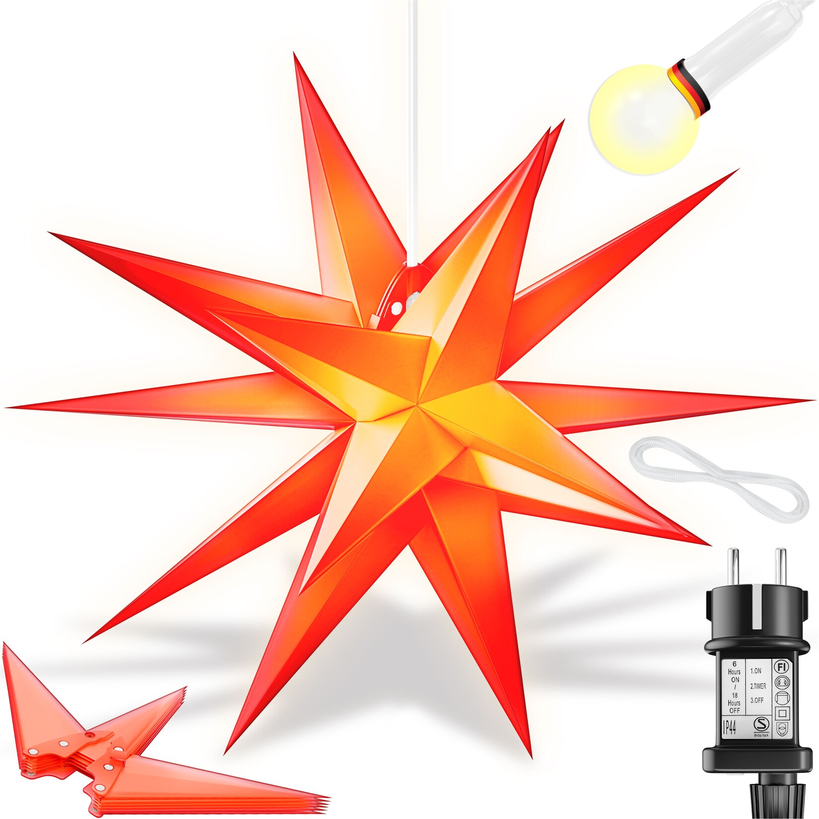 KESSER® Leuchtstern 3D, LED Weihnachtsstern mit Timer für innen und außen, Adventsstern Beleuchtet hängend Stern + Warmweiß Licht