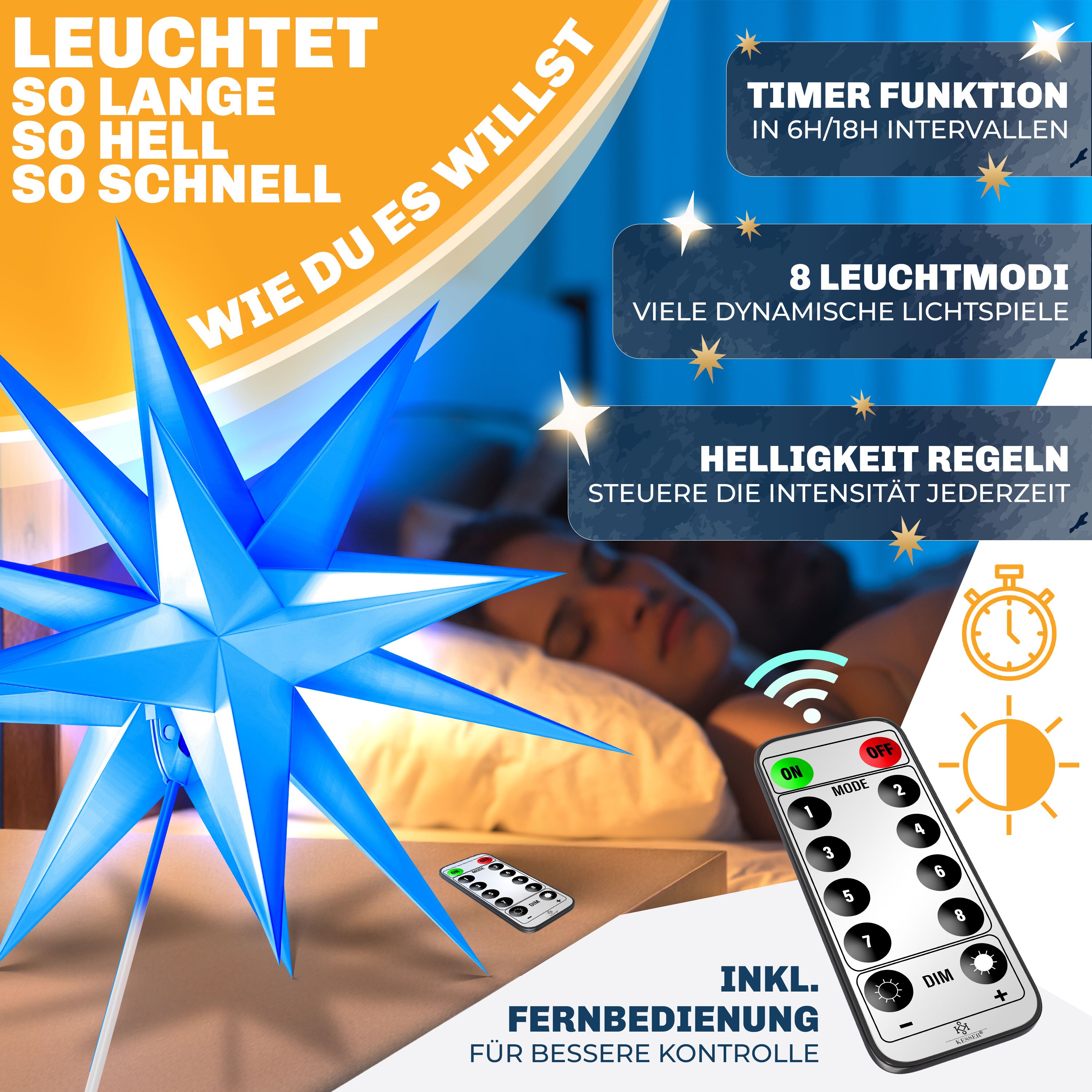 KESSER Leuchtstern 3D, LED Weihnachtsstern mit Timer fr innen und auen,  Adventsstern Beleuchtet hngend Stern + Warmwei Licht