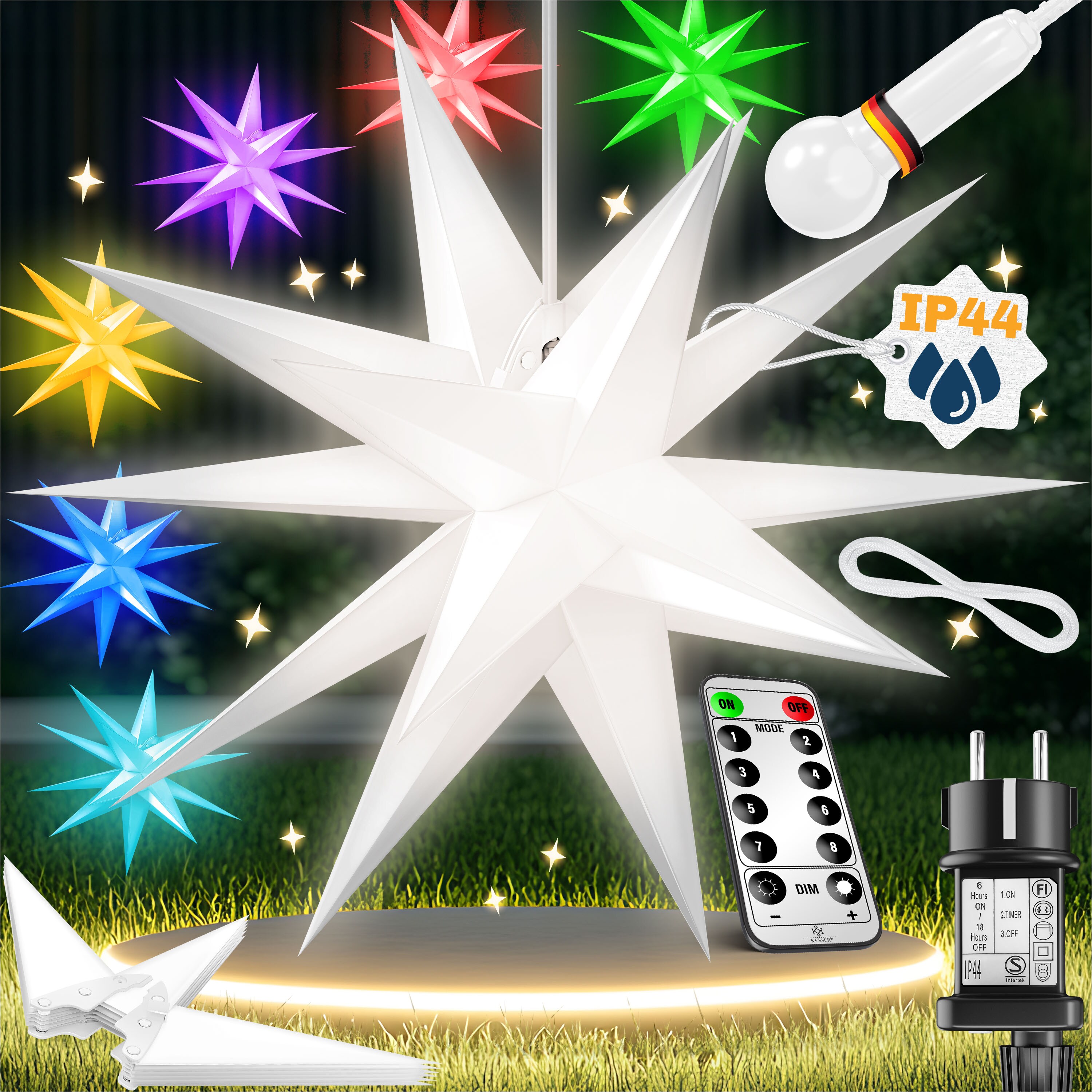 KESSER Leuchtstern 3D, LED Weihnachtsstern mit Timer fr innen und auen,  Adventsstern Beleuchtet hngend Stern + Warmwei Licht