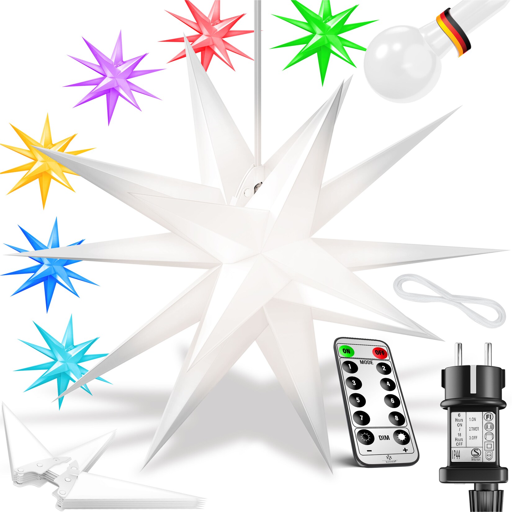 KESSER® Leuchtstern 3D, LED Weihnachtsstern mit Timer für innen und außen, Adventsstern Beleuchtet hängend Stern + Warmweiß Licht | 04260751948273
