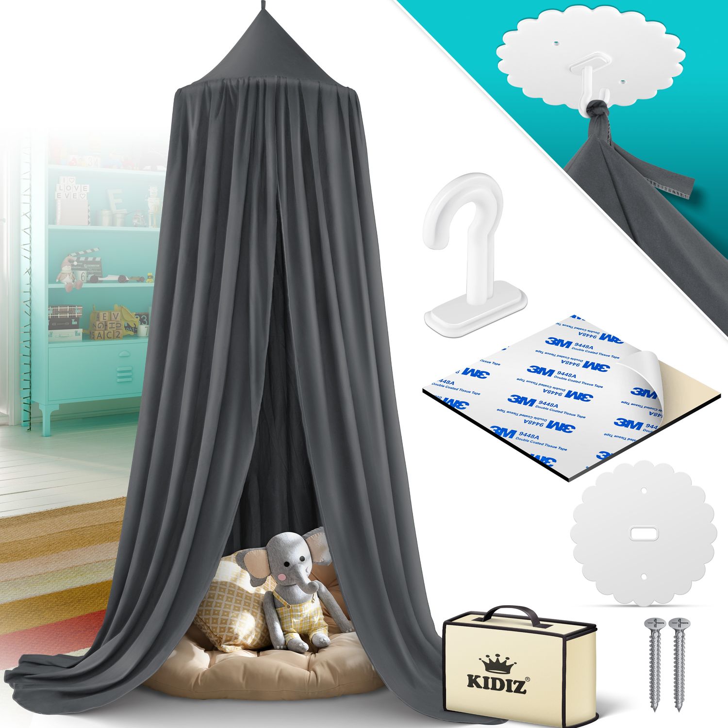 KIDIZ&reg; Baldachin Kinderzimmer Betthimmel babybett f&uuml;r Schlafzimmer Inkl. Aufbewahrungstasche | ohne Bohren | Sauml&auml;nge ca. 270cm | Moskitonetz Insektenschutz Kinder Spielzelte - Bild 1