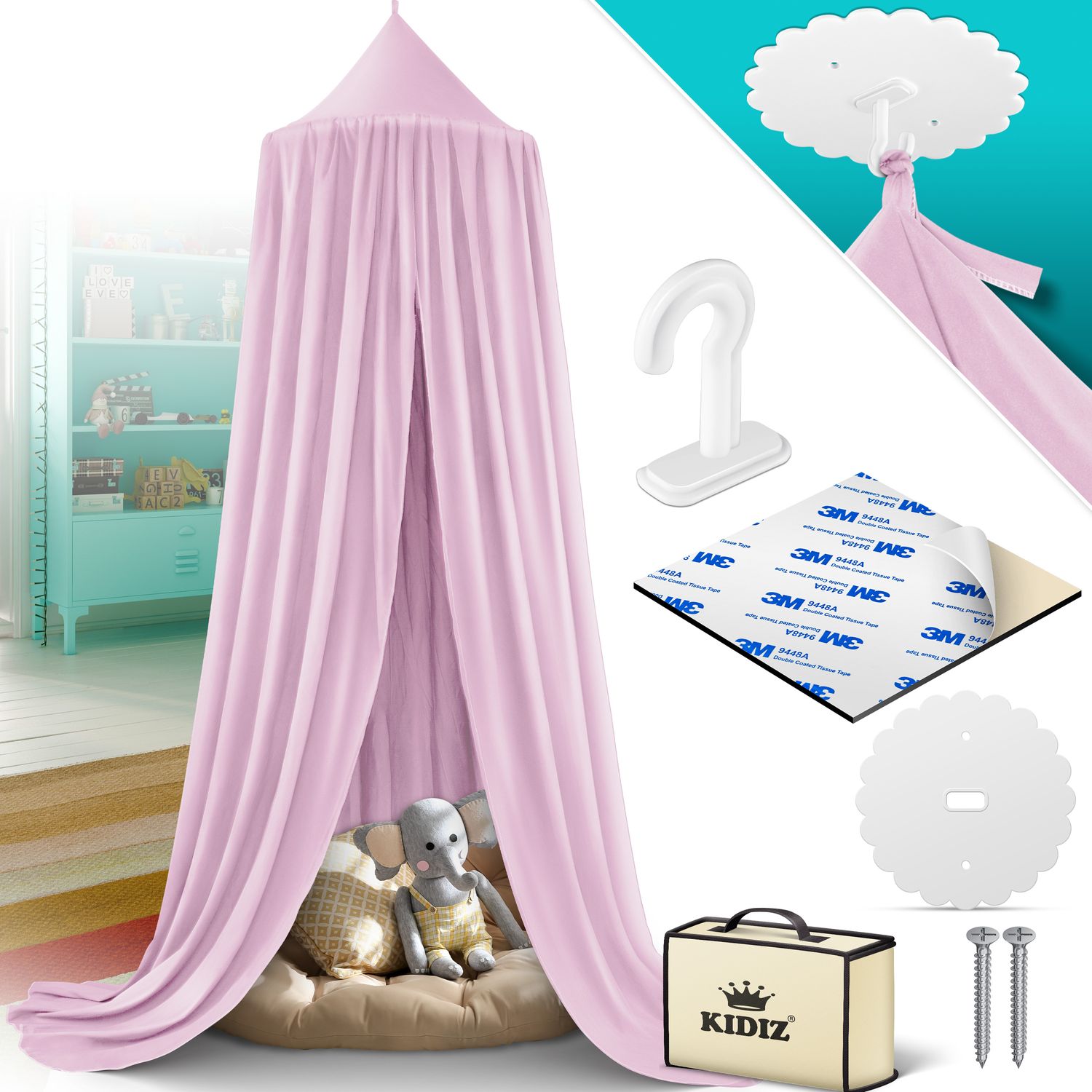 KIDIZ&reg; Baldachin Kinderzimmer Betthimmel babybett f&uuml;r Schlafzimmer Inkl. Aufbewahrungstasche | ohne Bohren | Sauml&auml;nge ca. 270cm | Moskitonetz Insektenschutz Kinder Spielzelte - Bild 1