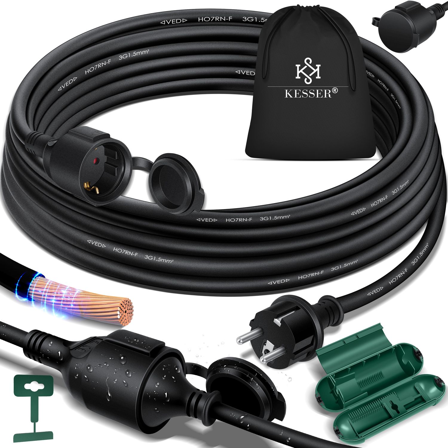 KESSER&reg; Verl&auml;ngerungskabel mit Schutzkappe Outdoor - f&uuml;r Innenbereich Au&szlig;enbereich - Verl&auml;ngerung Stromkabel &ndash; 230 V IP44 - Schutzkontakt Baustellenkabel Schutzkontaktstecker - Bild 1