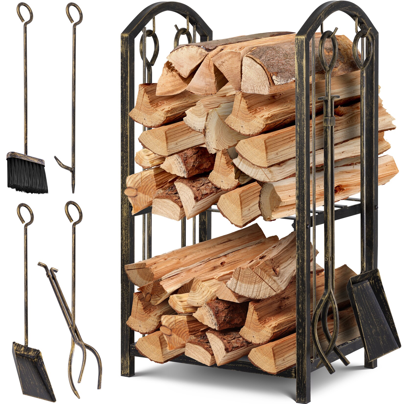 KESSER® Kaminholzregal 5-teiliges Set Kaminholzständer Feuerholzablage Brennholzregal Innen und Aussen Metall 2 Ebenen mit 4 Kaminwerkzeug für Kamin & Ofen, Stahl 40x30x74,5cm Verstellbar