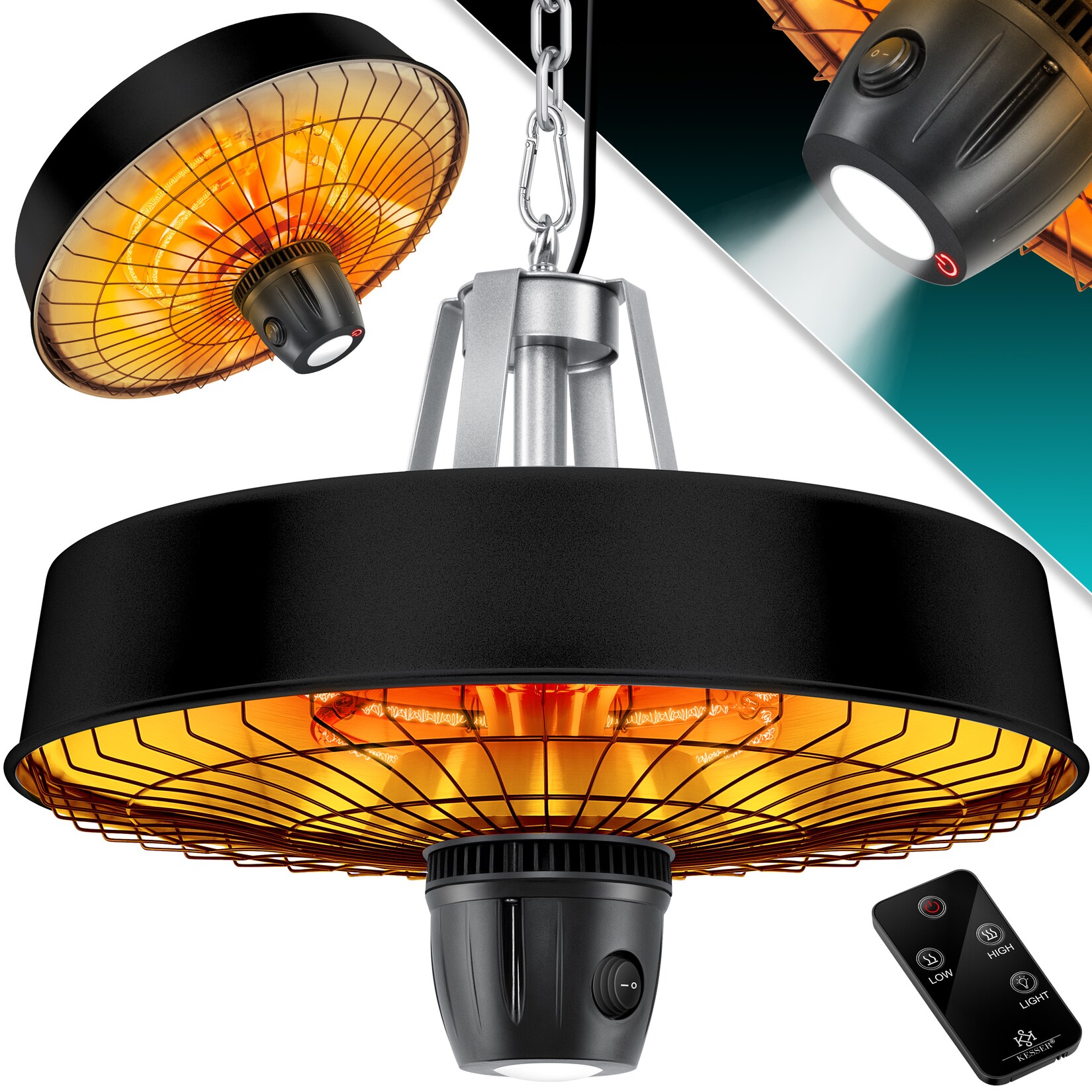 ® Deckenheizstrahler Heizpilz Infrarot-Heizstrahler 2500W Terrassenstrahler mit Fernbedienung Quarzstrahler   LED Licht   Decke   Infrarotstrahler   mit Kette + Karabinerhaken Carbon-Heizelement