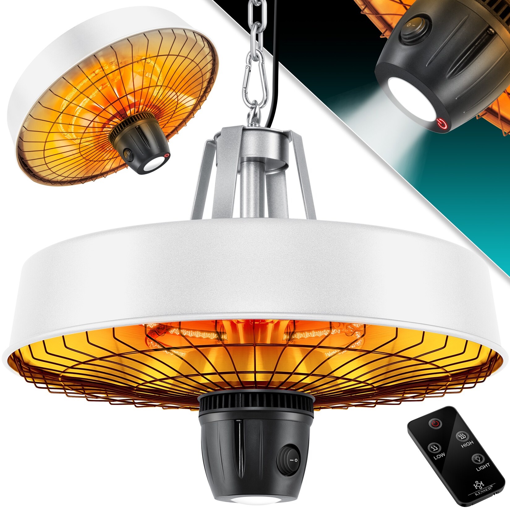 ® Deckenheizstrahler Heizpilz Infrarot-Heizstrahler 2500W Terrassenstrahler mit Fernbedienung Quarzstrahler   LED Licht   Decke   Infrarotstrahler   mit Kette + Karabinerhaken Carbon-Heizelement
