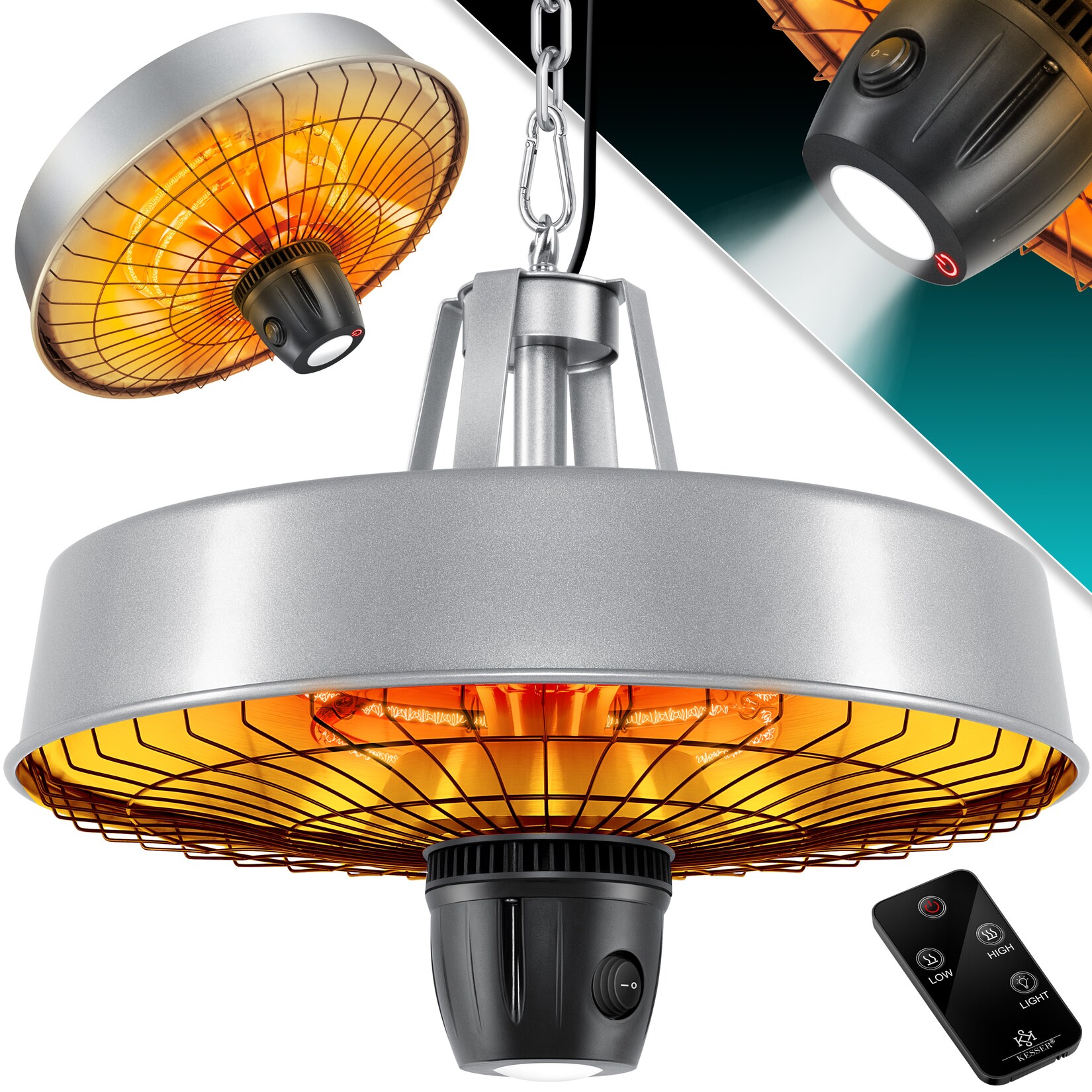 ® Deckenheizstrahler Heizpilz Infrarot-Heizstrahler 2500W Terrassenstrahler mit Fernbedienung Quarzstrahler   LED Licht   Decke   Infrarotstrahler   mit Kette + Karabinerhaken Carbon-Heizelement