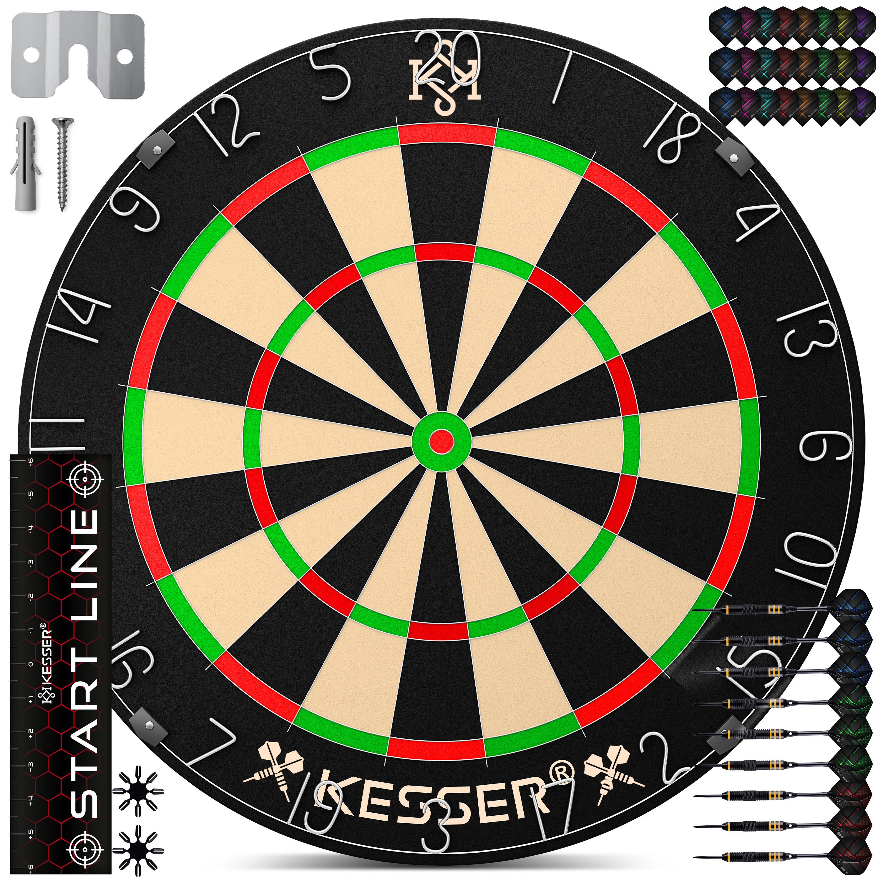 KESSER&reg; Dartscheibe kork mit 9 Dartpfeile Professional Dartboard + 21 Pro Flights + Zubeh&ouml;r Steeldart Offizielles Dartscheibe 9 Pfeilen Metallspitze Profi Steeldartscheibe - Dartboard inkl. Montageset - Bild 1