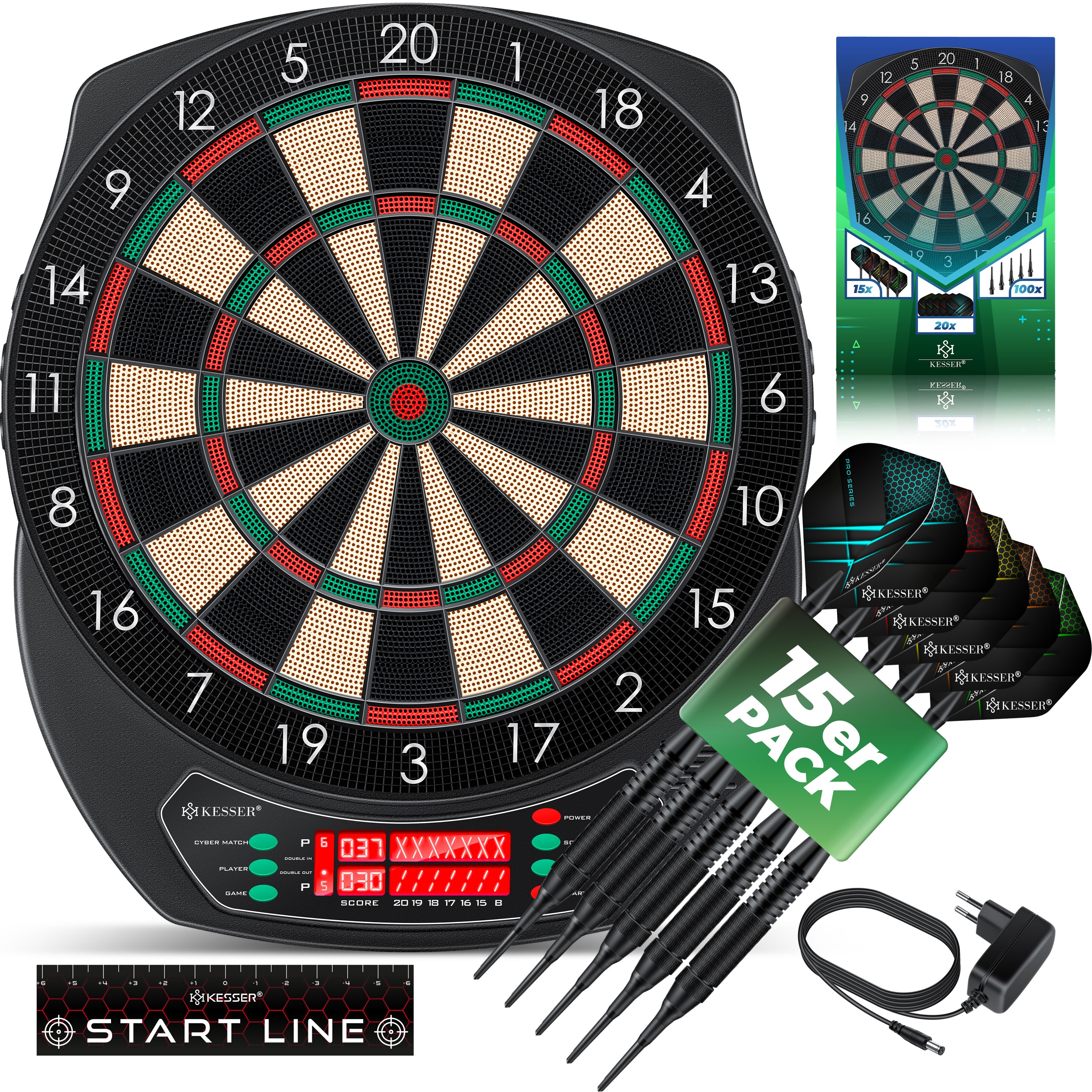 KESSER&reg; Elektronische Dartscheibe Profi Set - E Dartboard mit 15 Dartpfeile + 35 Pro Flights 100 Pfeilspitzen + Zubeh&ouml;r Dart f&uuml;r 1 bis 8 Spieler Innovativer elektronisch Dartautomat mit 65 Varianten - Bild 1