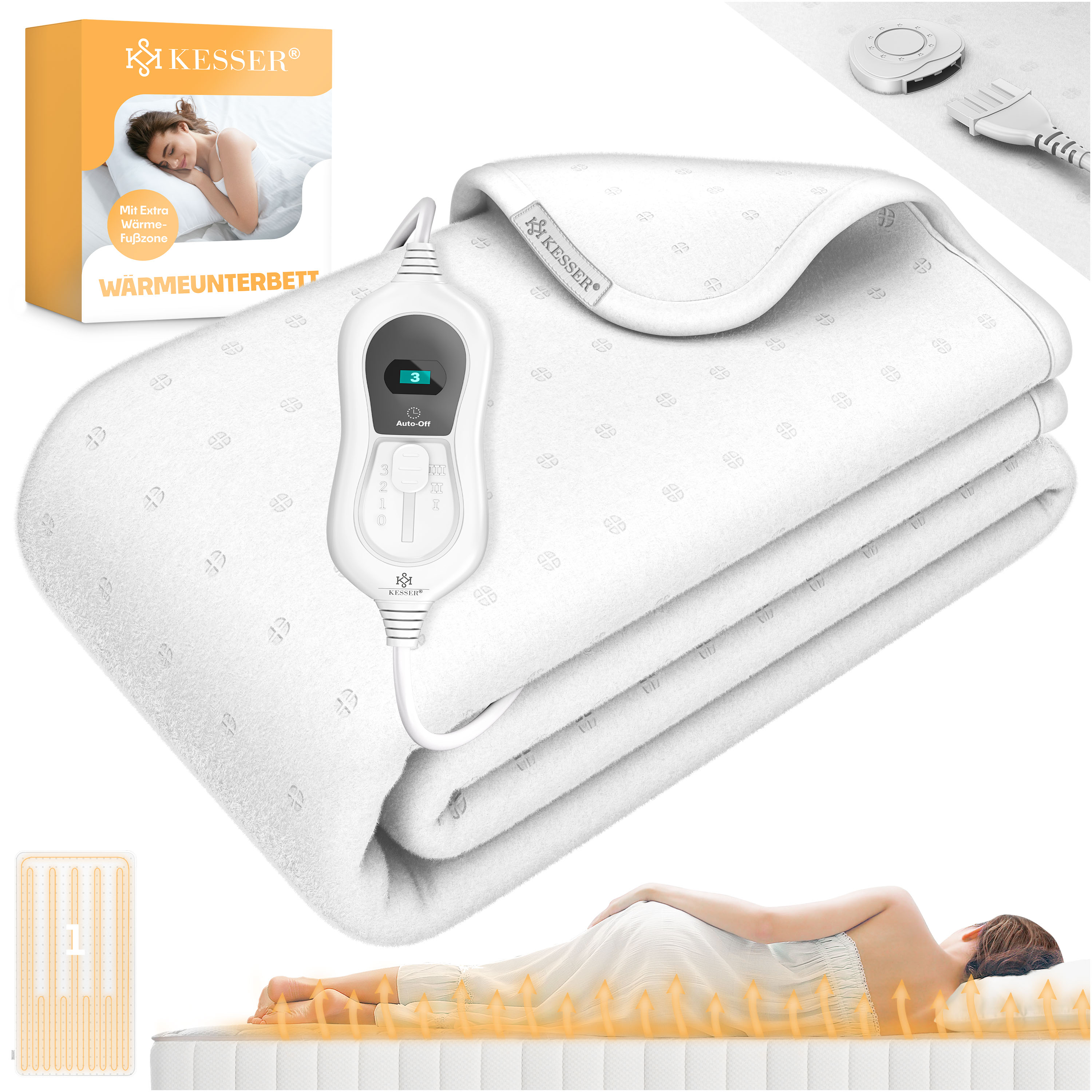 KESSER&reg; W&auml;rmeunterbett mit Abschaltautomatik Fernbedienung | Heizdecke mit 3 Temperaturstufen | W&auml;rmebettunterlage f&uuml;rs Bett Matratzenheizung | W&auml;rmedecke aus weichem Vlies Heizkissen - Bild 1