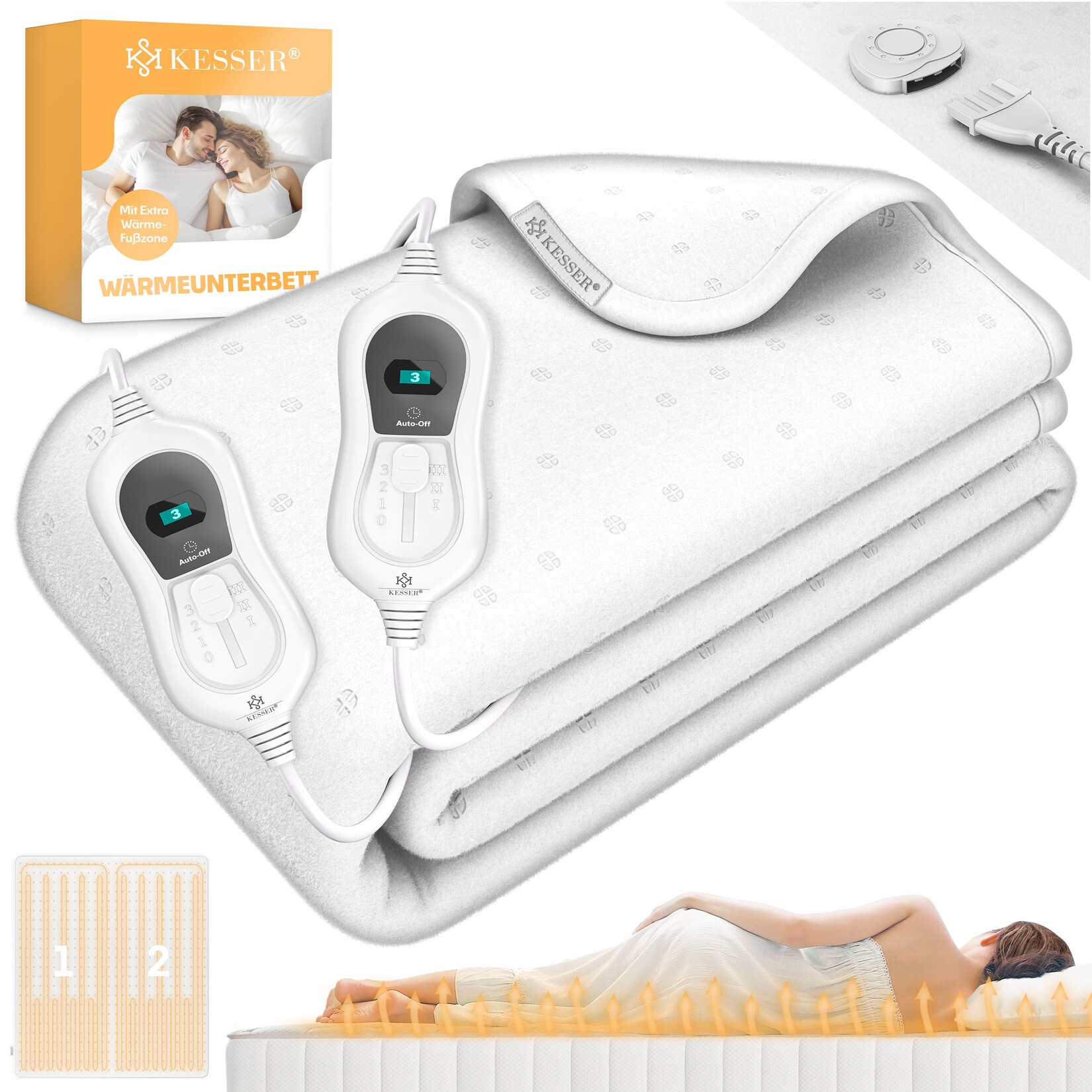 KESSER® Wärmeunterbett mit Abschaltautomatik Fernbedienung Heizdecke mit 3 Temperaturstufen Wärmebettunterlage fürs Bett Matratzenheizung Wärmedecke aus weichem Vlies Heizkissen