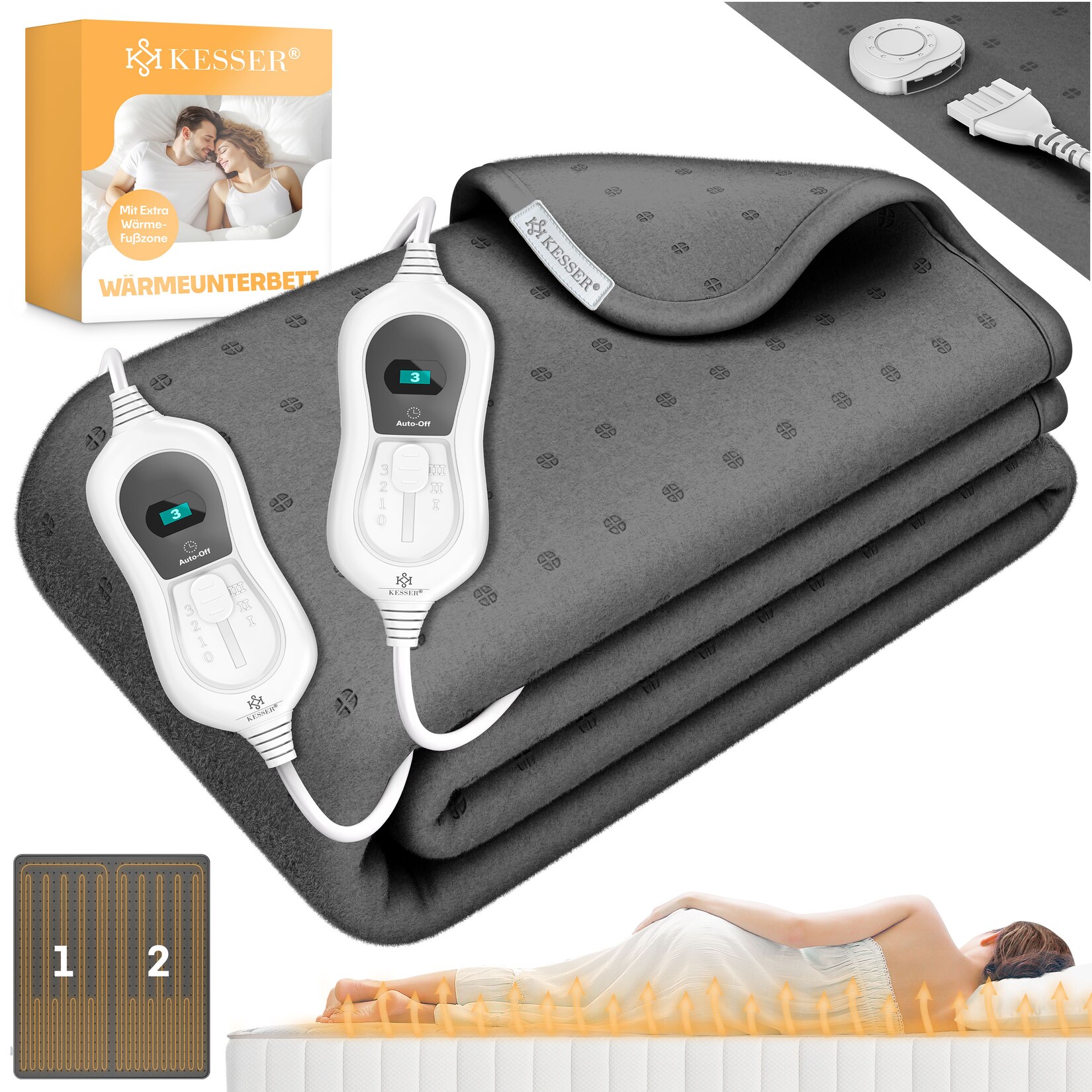 KESSER® Wärmeunterbett mit Abschaltautomatik Fernbedienung Heizdecke mit 3 Temperaturstufen Wärmebettunterlage fürs Bett Matratzenheizung Wärmedecke aus weichem Vlies Heizkissen
