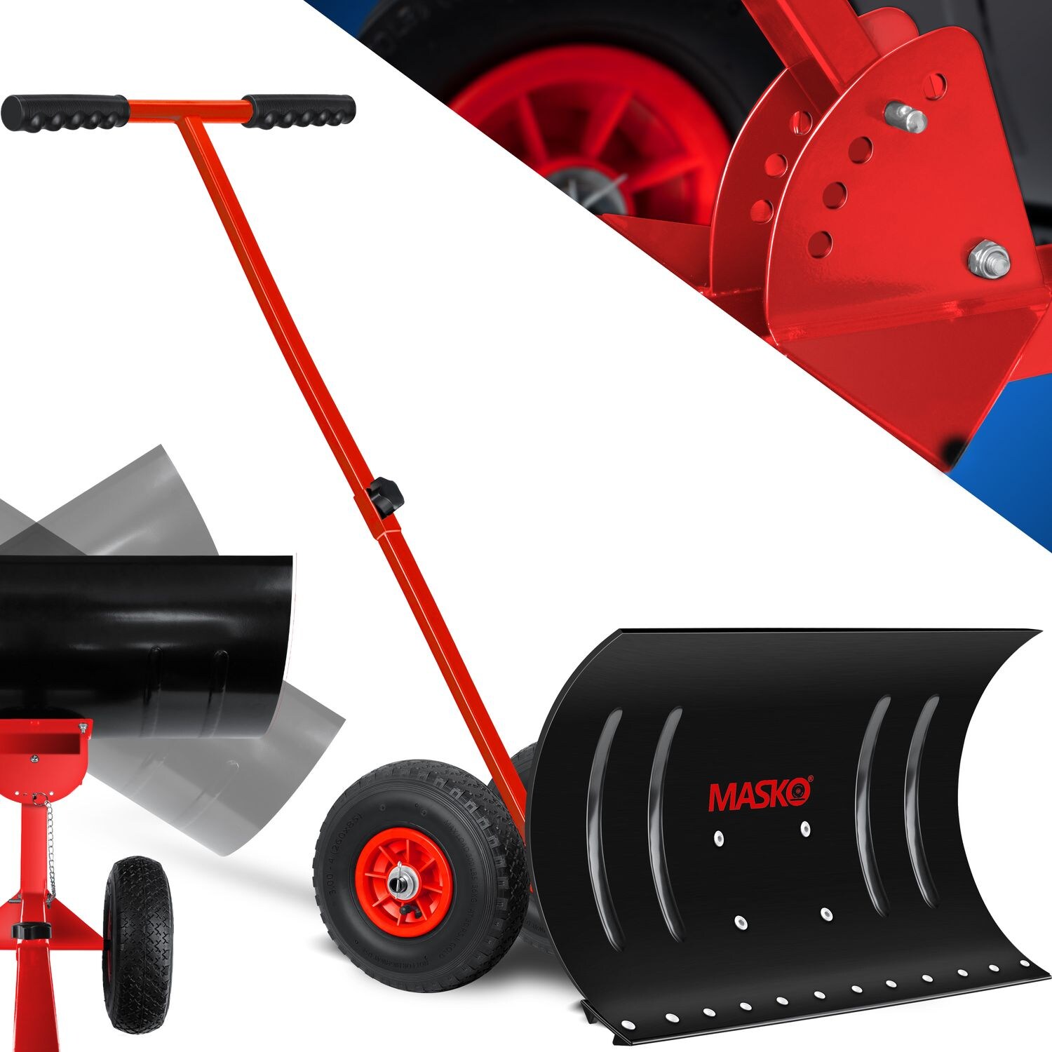 MASKO® Schneeschaufel auf Rädern höhenverstellbar – 5-Fach Höhenverstellbar Schneeräumen, rückenschonender Schneeschieber, Schneeschild 75 cm Arbeitsbreite-Höhe 42 cm, platzsparend zusammenklappbar | 04255598301633