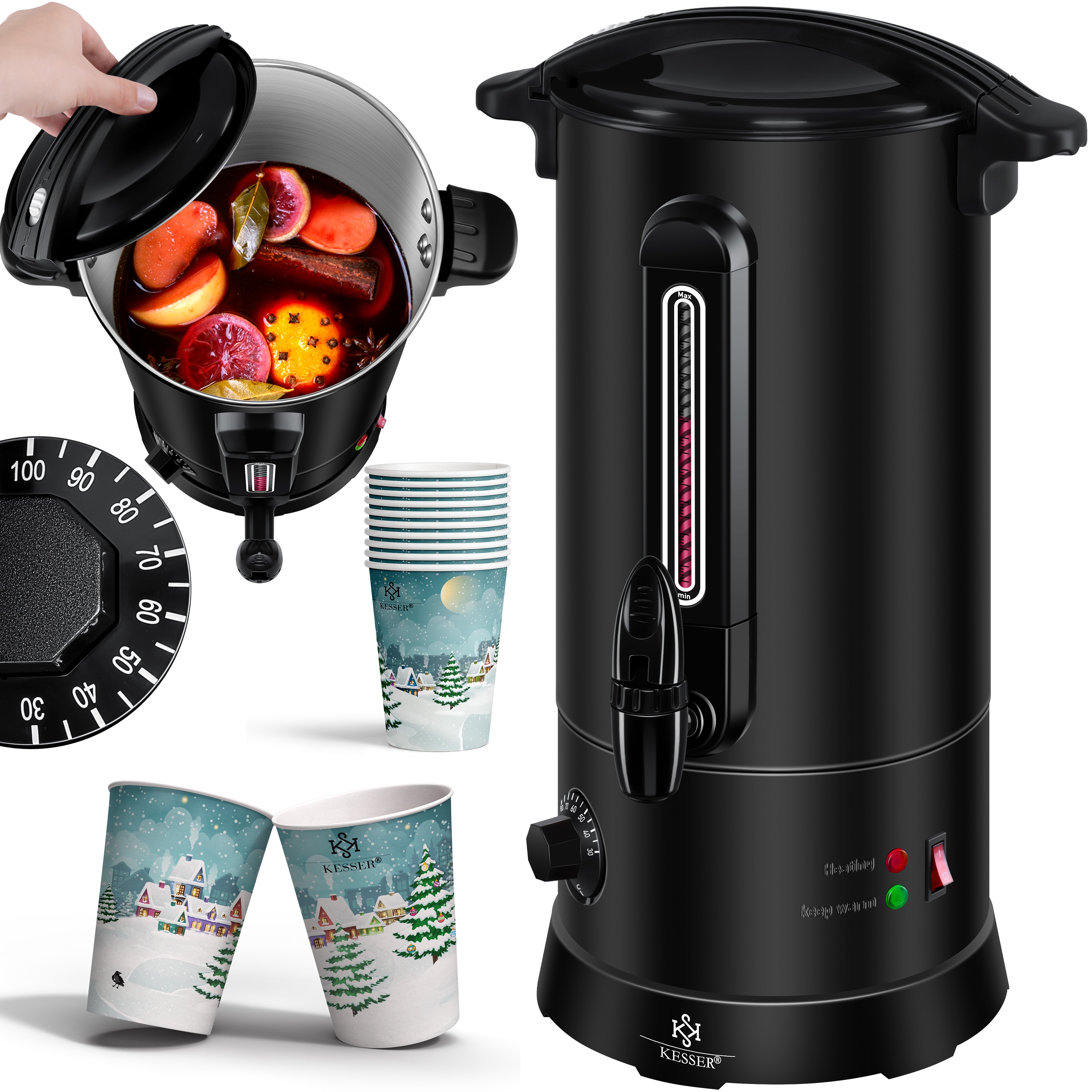 KESSER&reg; Gl&uuml;hweinkessel 10L&nbsp;Edelstahl Inkl. 10x Becher Gl&uuml;hweinkocher mit Thermostat Gl&uuml;hweinautomat Hei&szlig;getr&auml;nkeautomat Wasserkocher Hei&szlig;wasserspender Einkochautomat F&uuml;llstandanzeige Zapfhahn - Bild 1