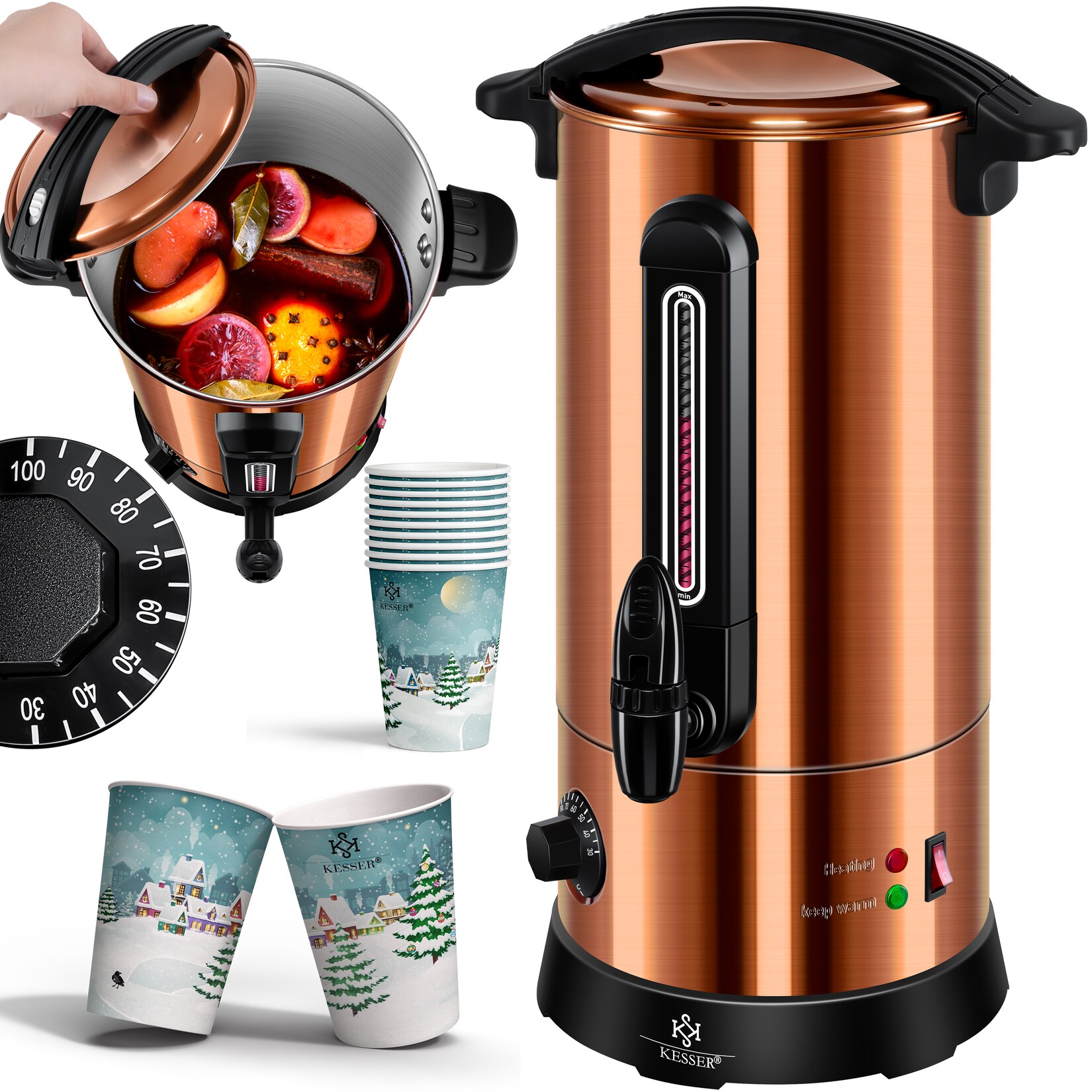 KESSER® Glühweinkessel 10L Edelstahl Inkl. 10x Becher Glühweinkocher mit Thermostat Glühweinautomat Heißgetränkeautomat Wasserkocher …