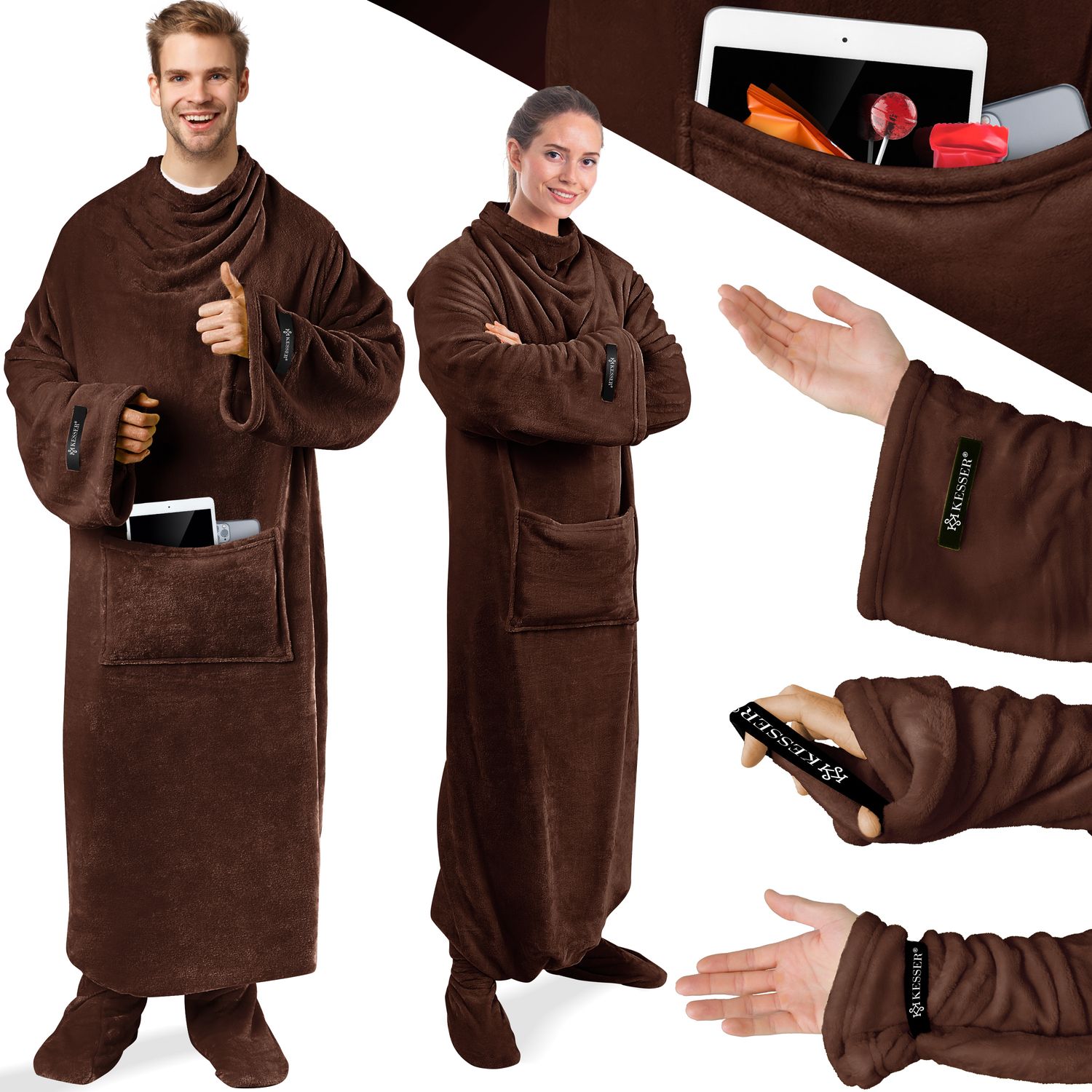 KESSER® Kuscheldecke TV Decke mit Ärmeln & Fußtasche Ärmeldecke Extra Weich Ärmeldecke Flauschige Inkl. 2-in-1 Außentasche tragbare Lounge-Decke Tragbar Ganzkörperdecke mit Ärmel
