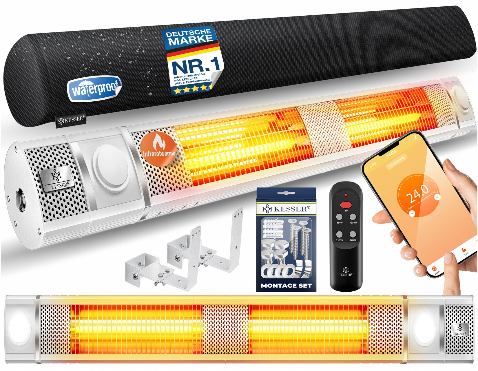 KESSER® Infrarot Heizstrahler 3000W IR-Gastro-Bar Inkl. LED Licht Terrassenstrahler Mit WiFi & Fernbedienung inkl. Schutzhülle Infrarotstrahler Quarzstrahler Terrassenheizer Wand-Heizstrahler