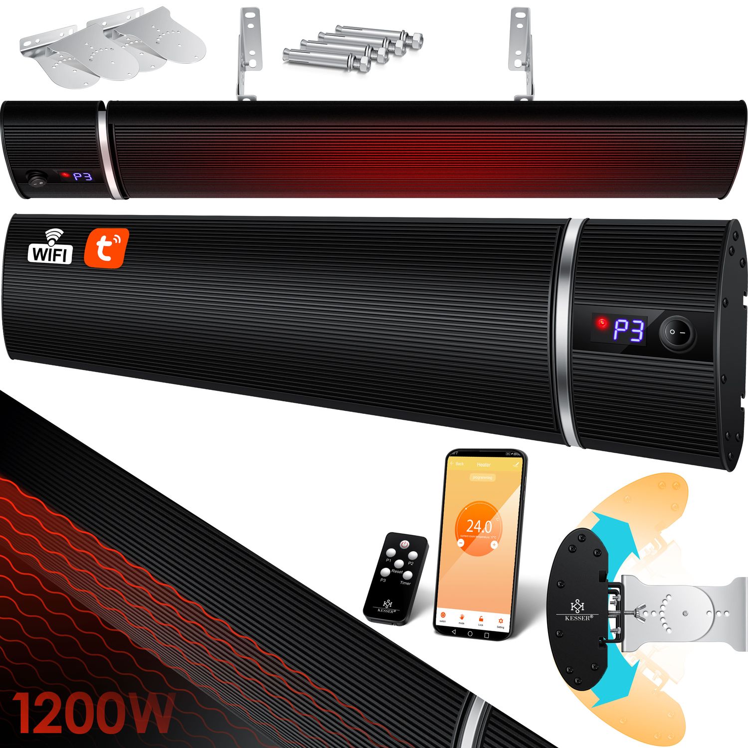 KESSER&reg; Dunkelheizstrahler Heizstrahler mit Fernbedienung & WiFi APP Terrassenheizer Infrarot-Heizstrahler Wand-Heizstrahler Schwarzstrahler Quarzstrahler Terrassenstrahler Balkonheizer Timer - Bild 1
