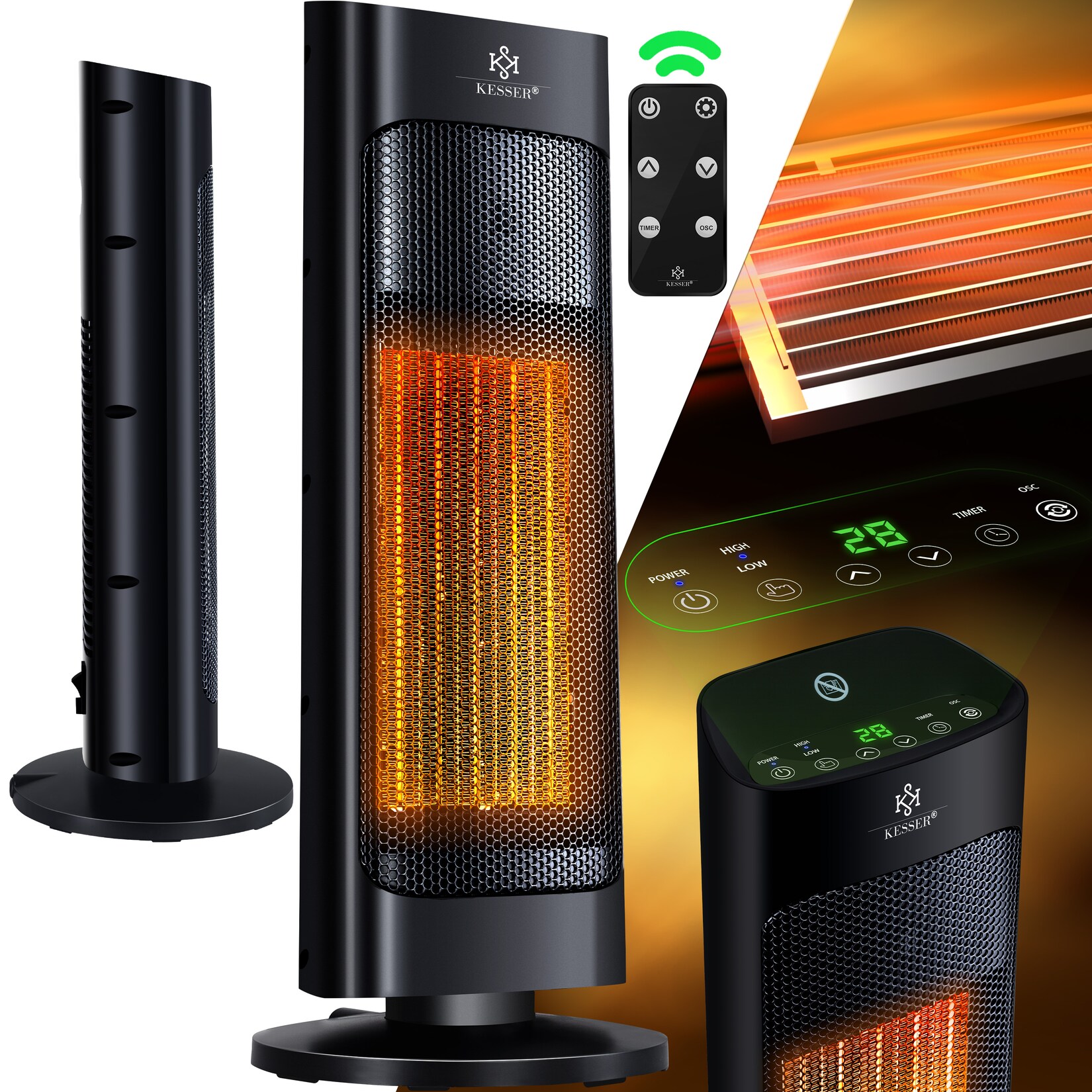 KESSER® Heizlüfter mit Fernbedienung energiesparend leise 2000W Keramik Heizstrahler Standheizstrahler 15-30°C - Schnellheizer mit 80° Oszillationsfunktion 24h Timer Heizung Turmheizstrahler