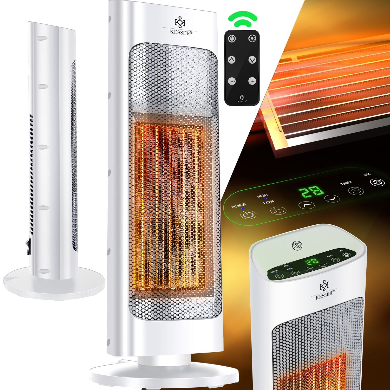KESSER® Heizlüfter mit Fernbedienung energiesparend leise 2000W Keramik Heizstrahler Standheizstrahler 15-30°C – Schnellheizer mit 80° Oszillationsfunktion 24h Timer  Heizung Turmheizstrahler | 04255598302555